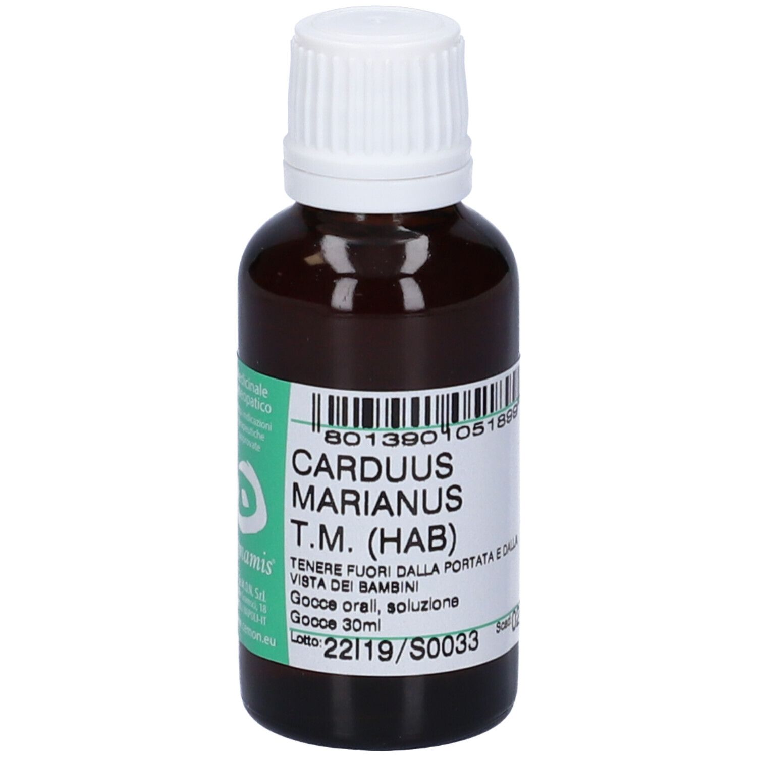 Flacone di vetro marrone con tappo bianco. Etichetta con testo: Carduus Marianus T.M. (HAB).