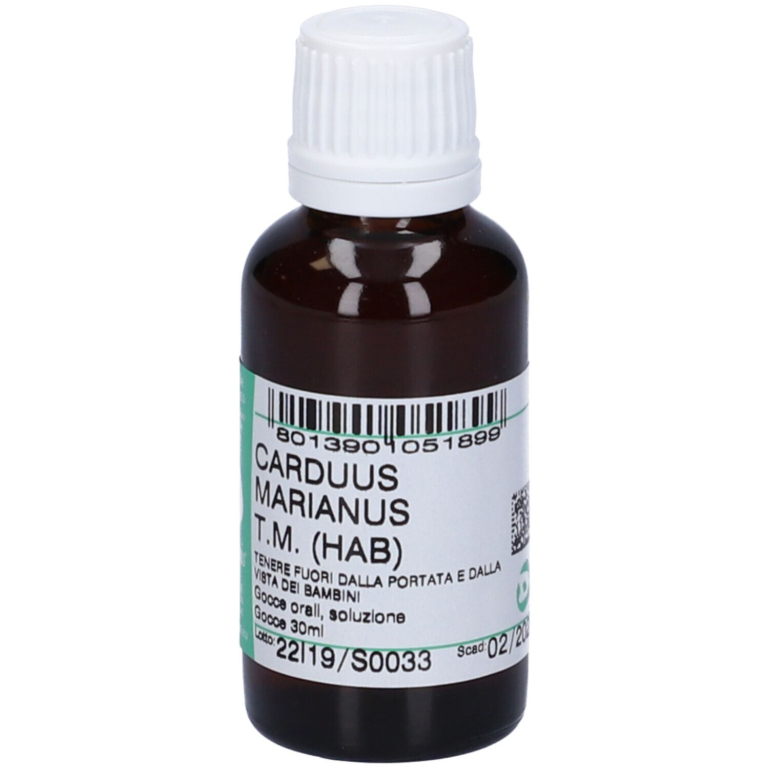 Flacone di vetro marrone con tappo bianco. Etichetta con testo: Carduus Marianus T.M. (HAB).