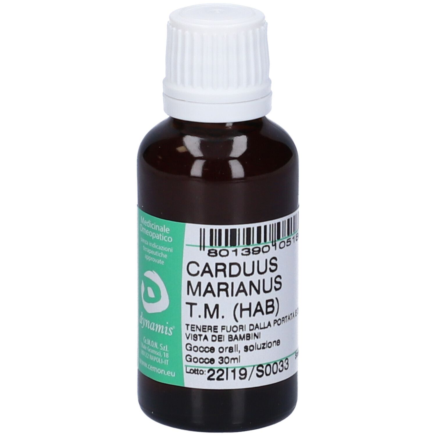 Flacone di vetro marrone con tappo bianco. Etichetta con testo: Carduus Marianus T.M. (HAB).