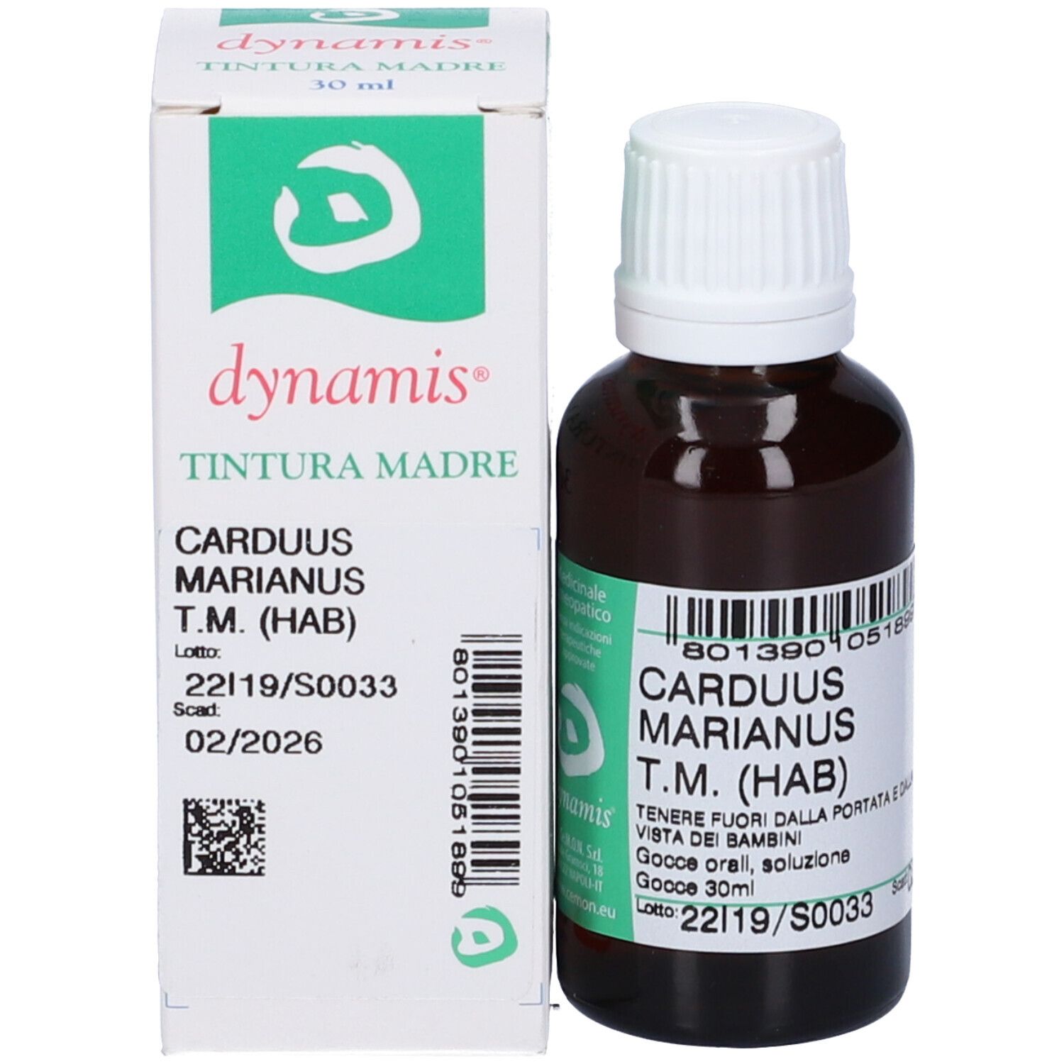 Flacone di vetro marrone e scatola. Scritta: dynamis, Carduus Marianus T.M. (HAB).