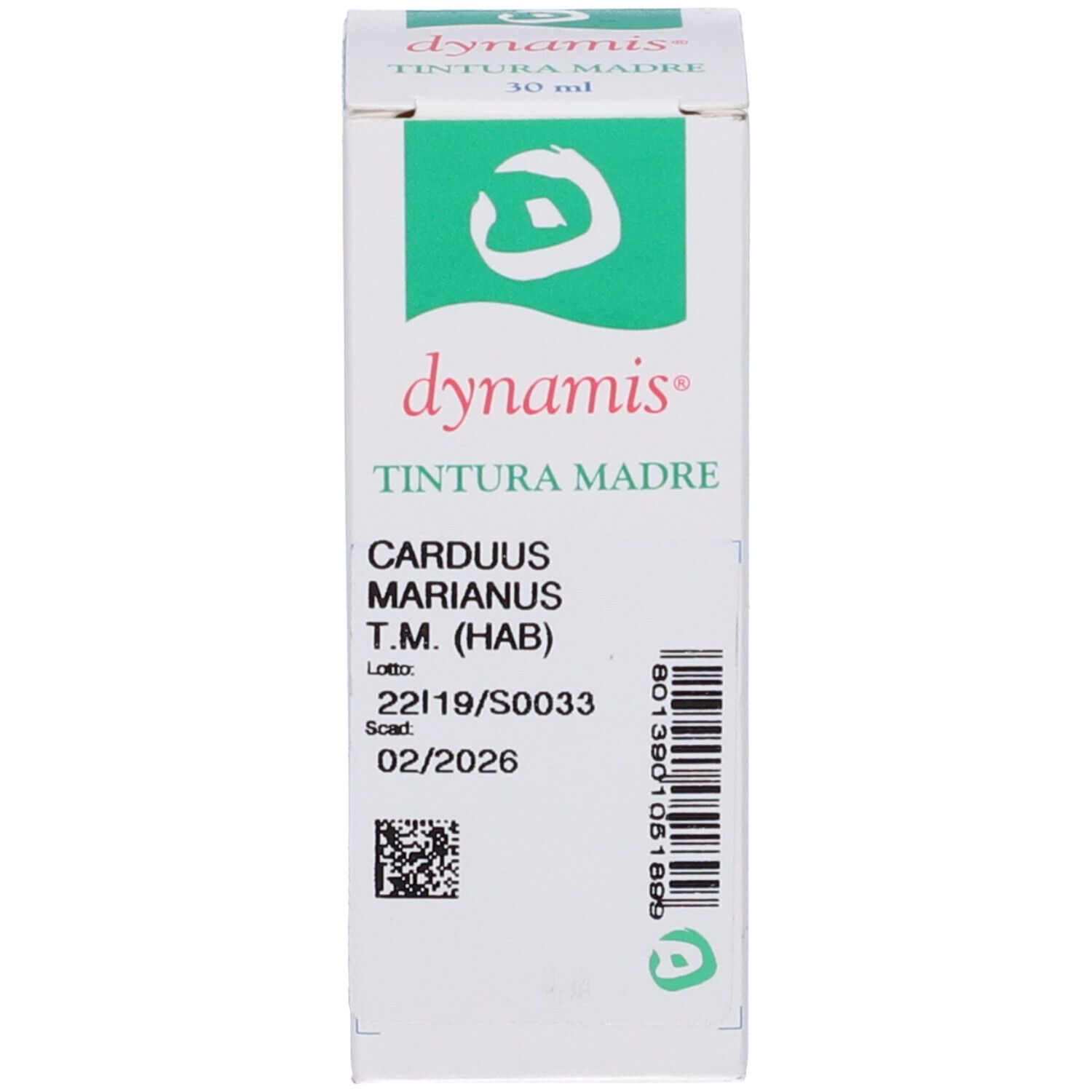 Scatola bianca con scritta verde. Scritta: dynamis, Carduus Marianus T.M. (HAB).