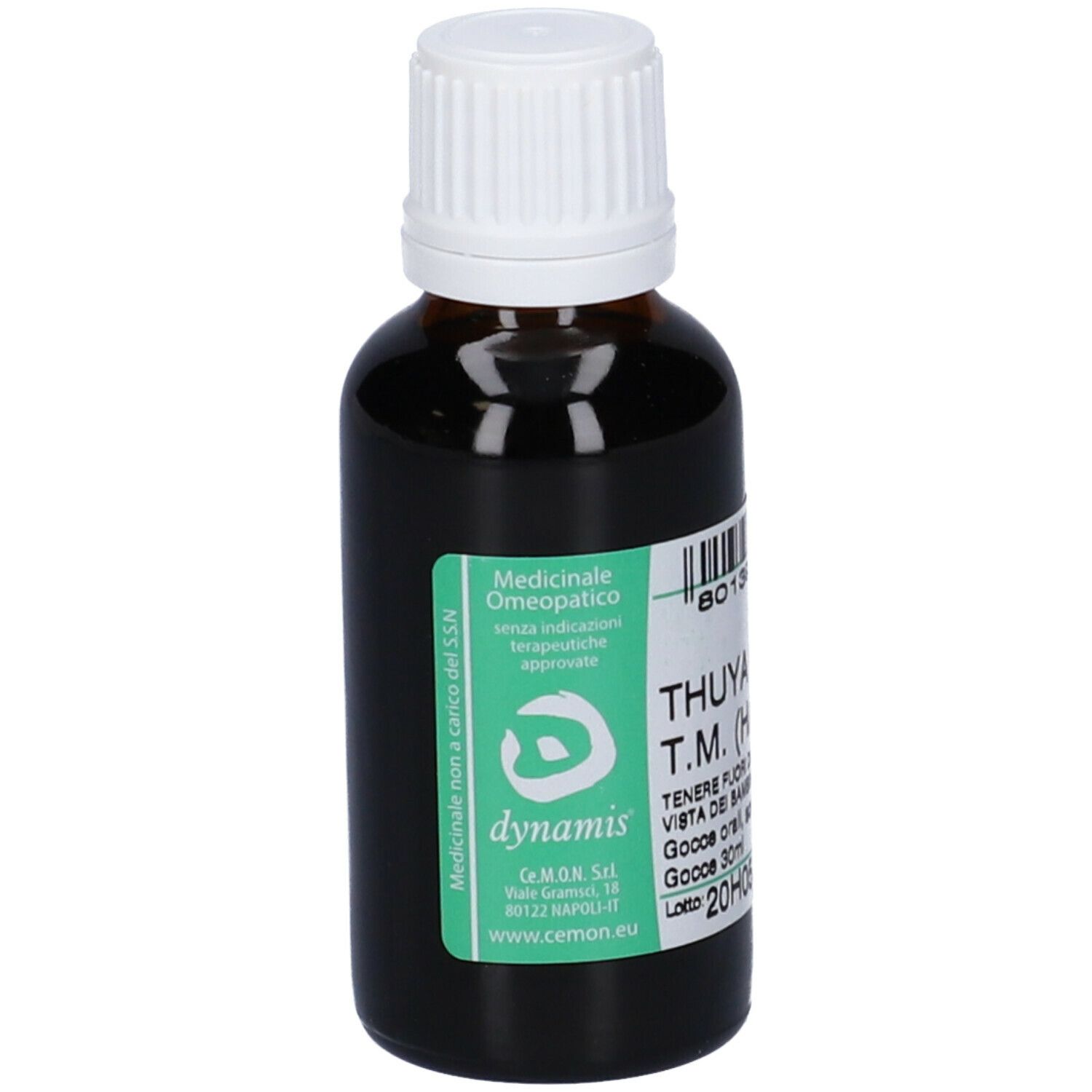 Flacone in vetro marrone con tappo bianco. Etichetta con testo: THUYA OCC. T.M. (HAB).