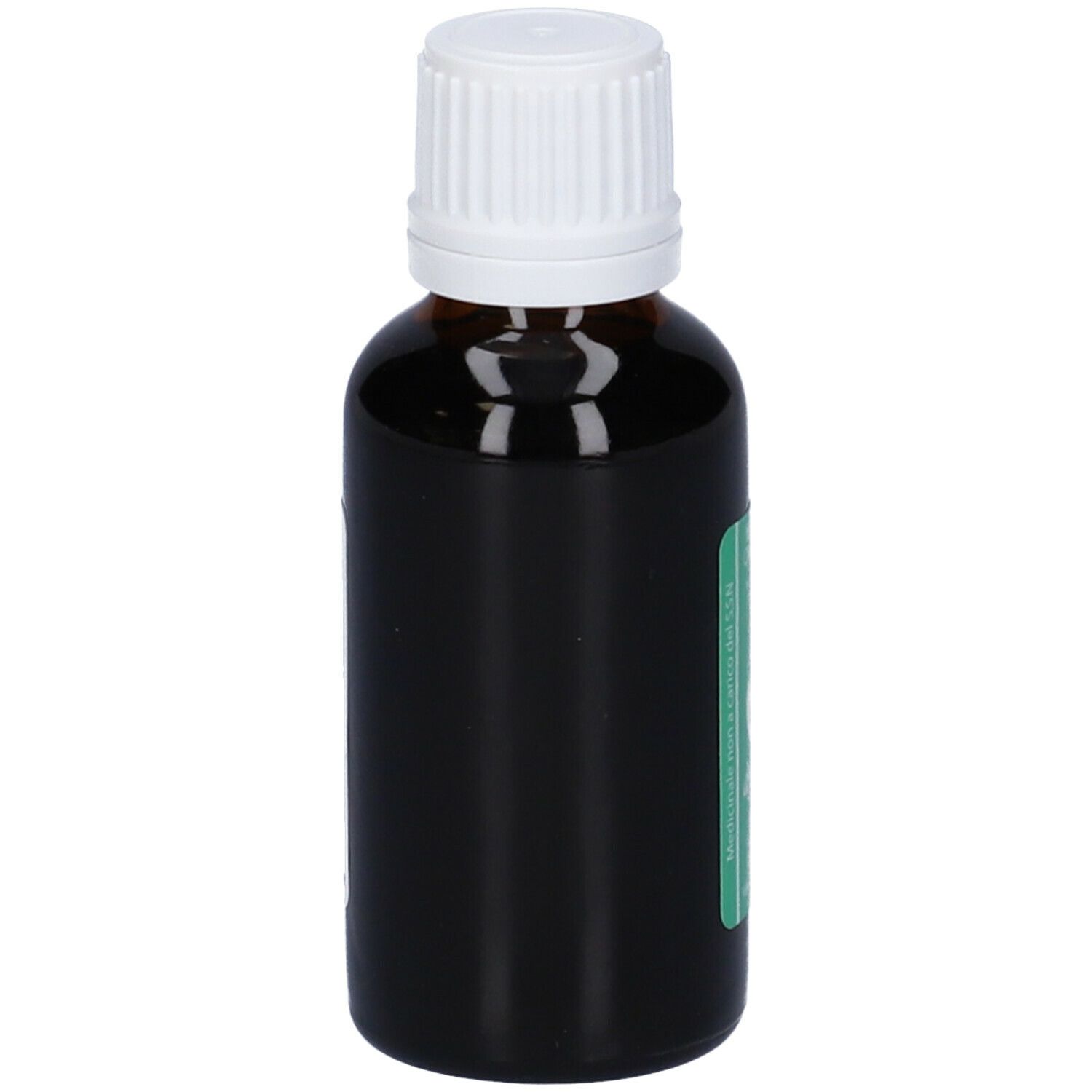 Flacone in vetro marrone con tappo bianco. Etichetta con testo: THUYA OCC. T.M. (HAB).