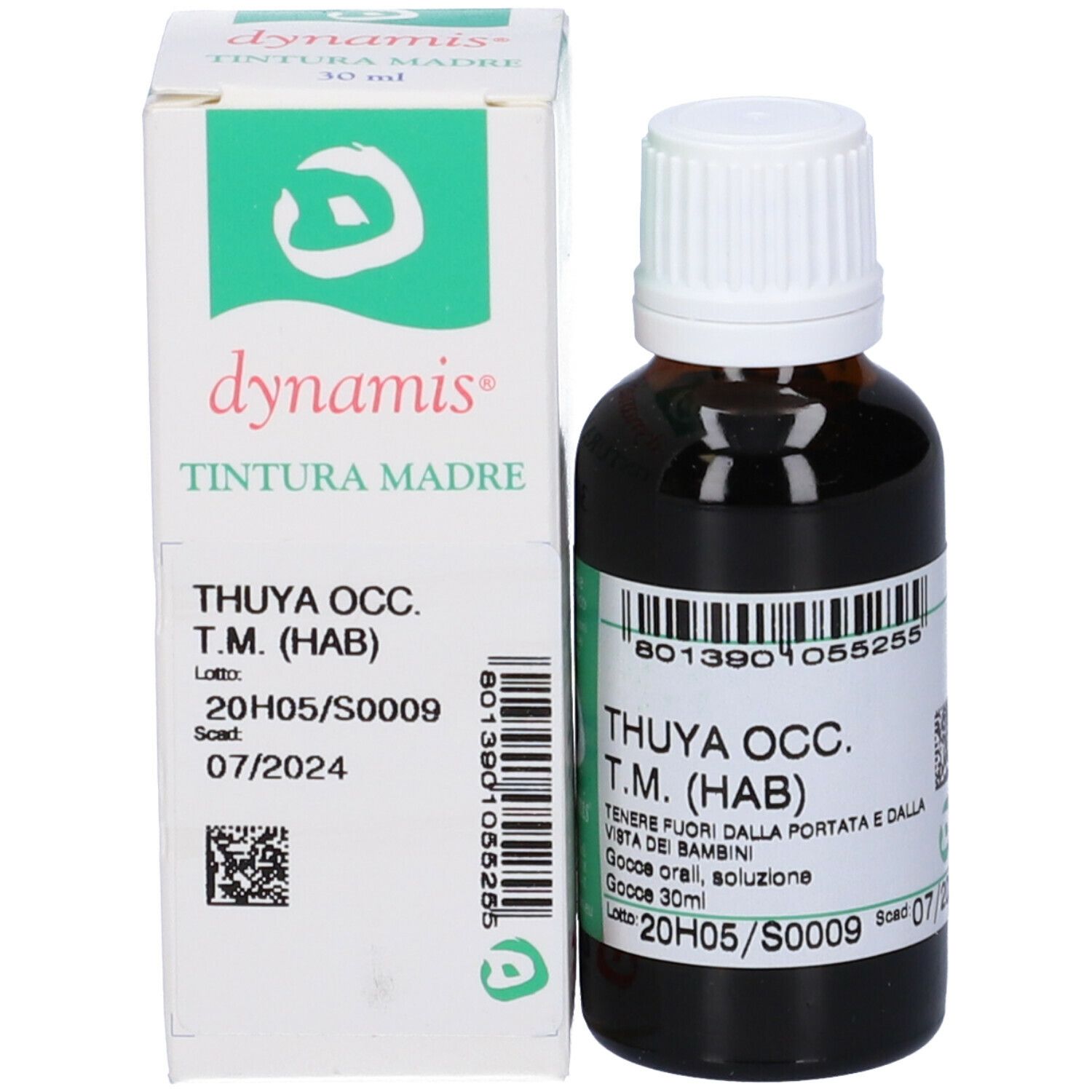 Flacone in vetro marrone e scatola. Scritta: dynamis, THUYA OCC. T.M. (HAB).