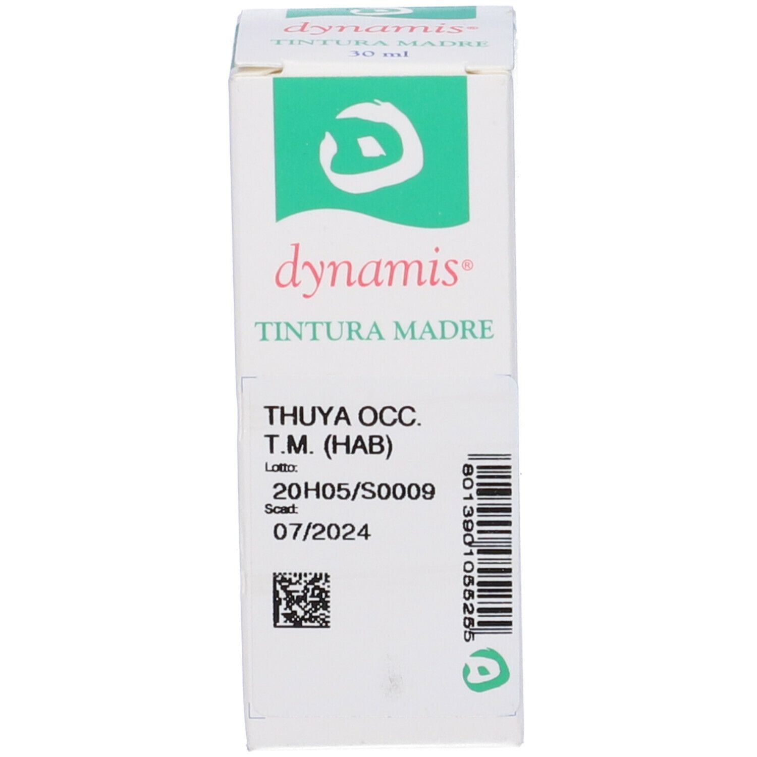 Scatola bianca con scritta verde: dynamis, THUYA OCC. T.M. (HAB).