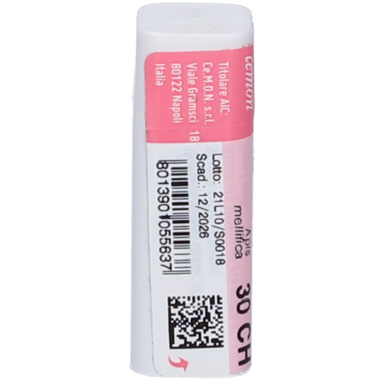 Confezione cilindrica con etichetta rosa. Scritte: Apis mellifica 30 CH, dynamis. Codice a barre e testo.