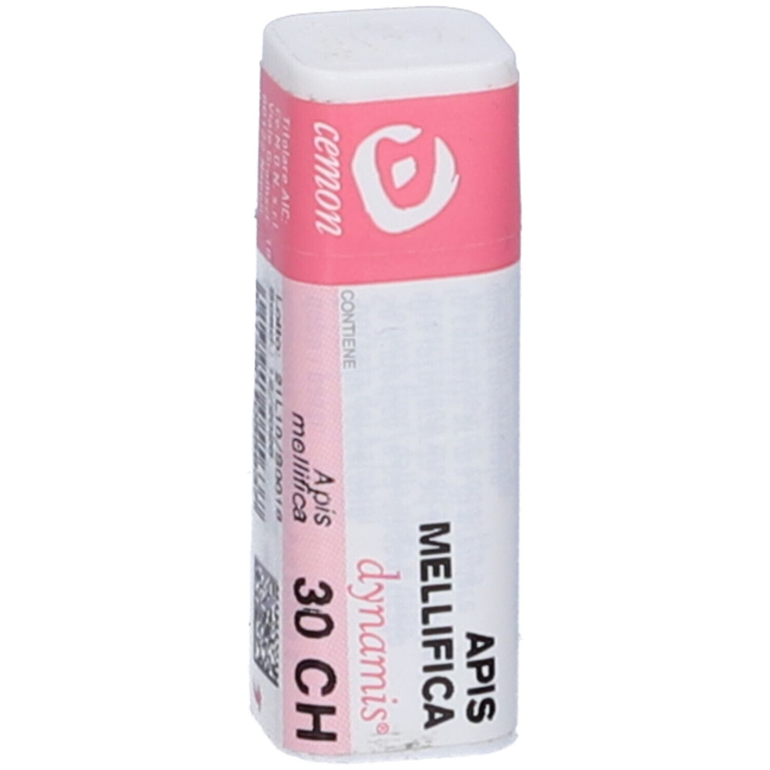 Confezione cilindrica con etichetta rosa. Scritte: Apis mellifica 30 CH, dynamis. Testo e logo.