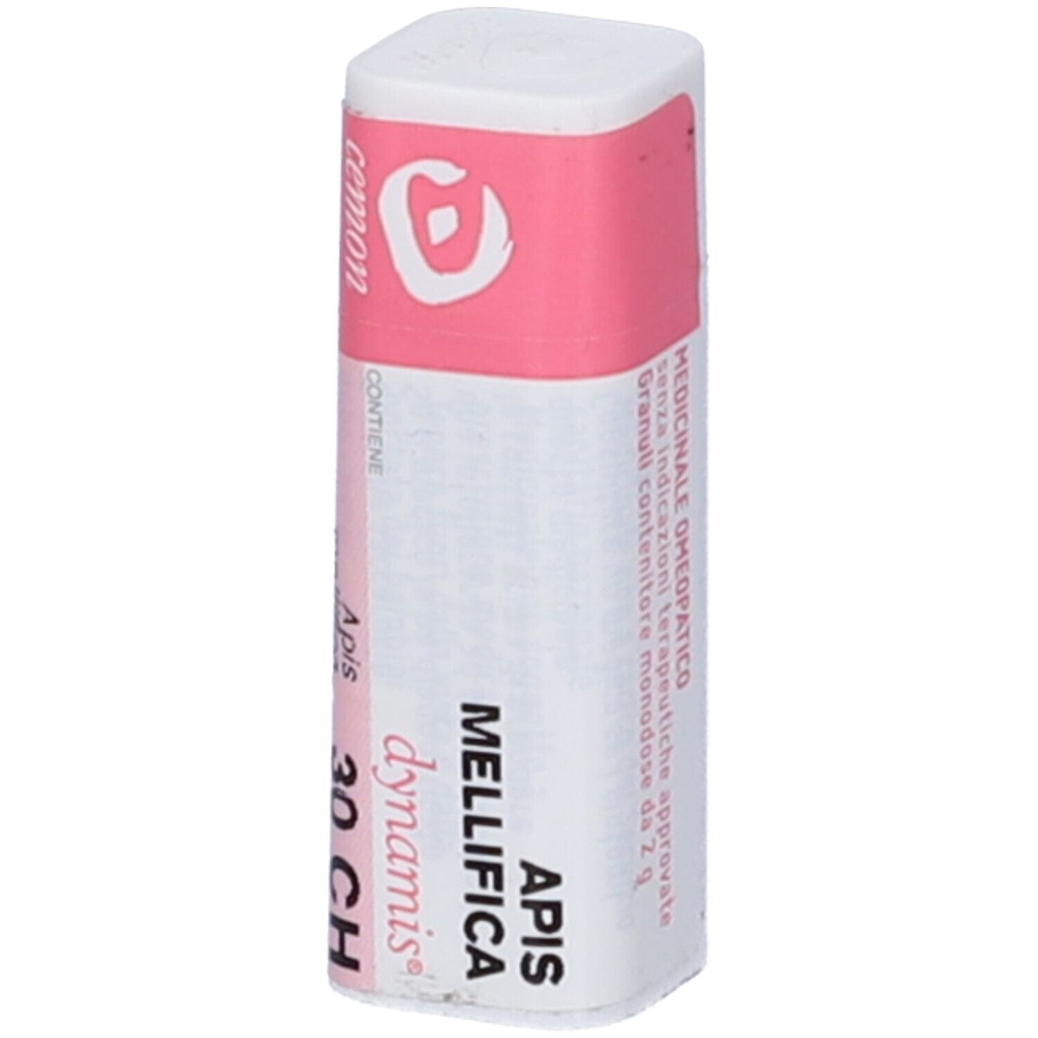 Confezione cilindrica con etichetta rosa. Scritte: Apis mellifica 30 CH, dynamis. Testo e logo.