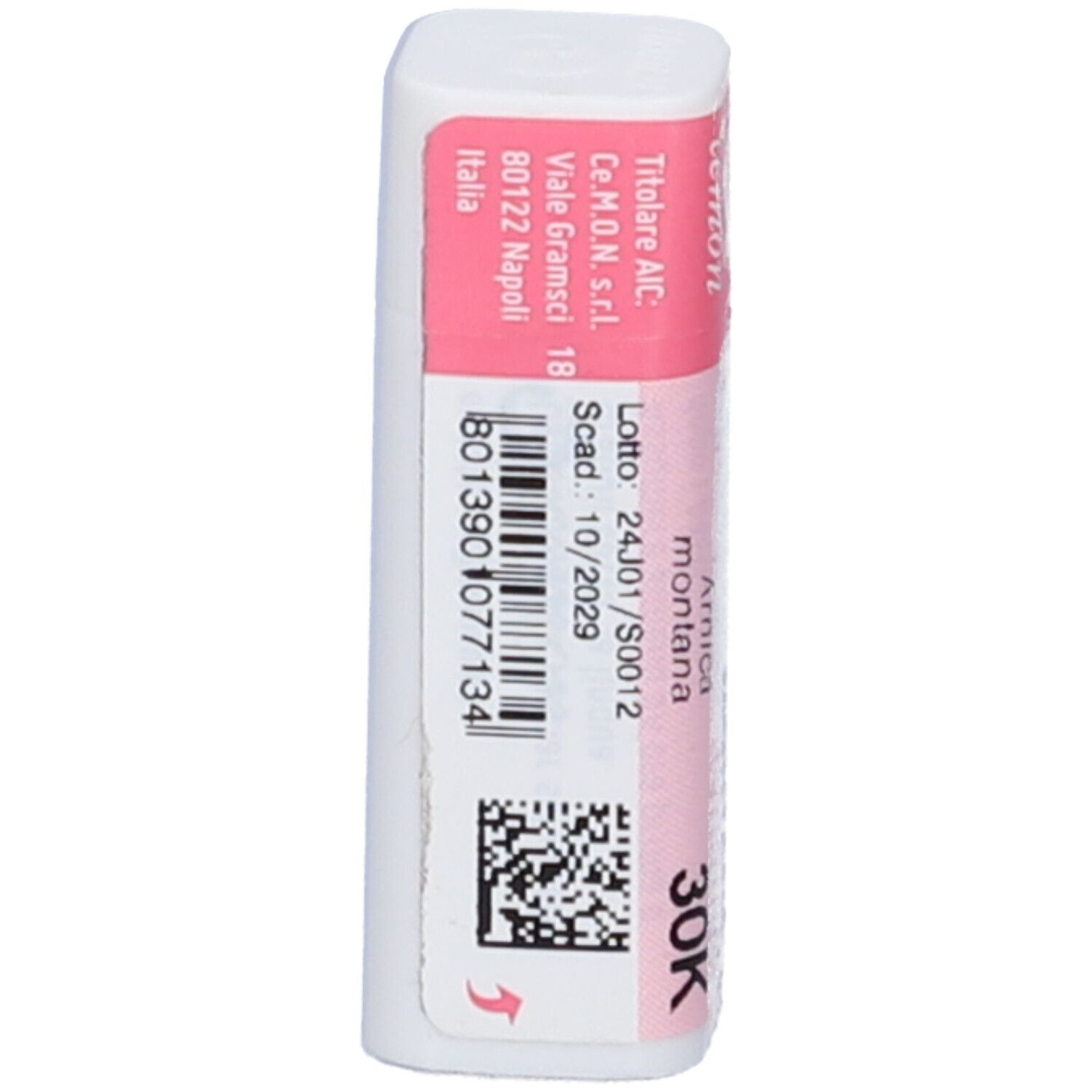 Confezione cilindrica, bianca e rosa. Scritta: Arnica montana 30K. Codice a barre e QR code.