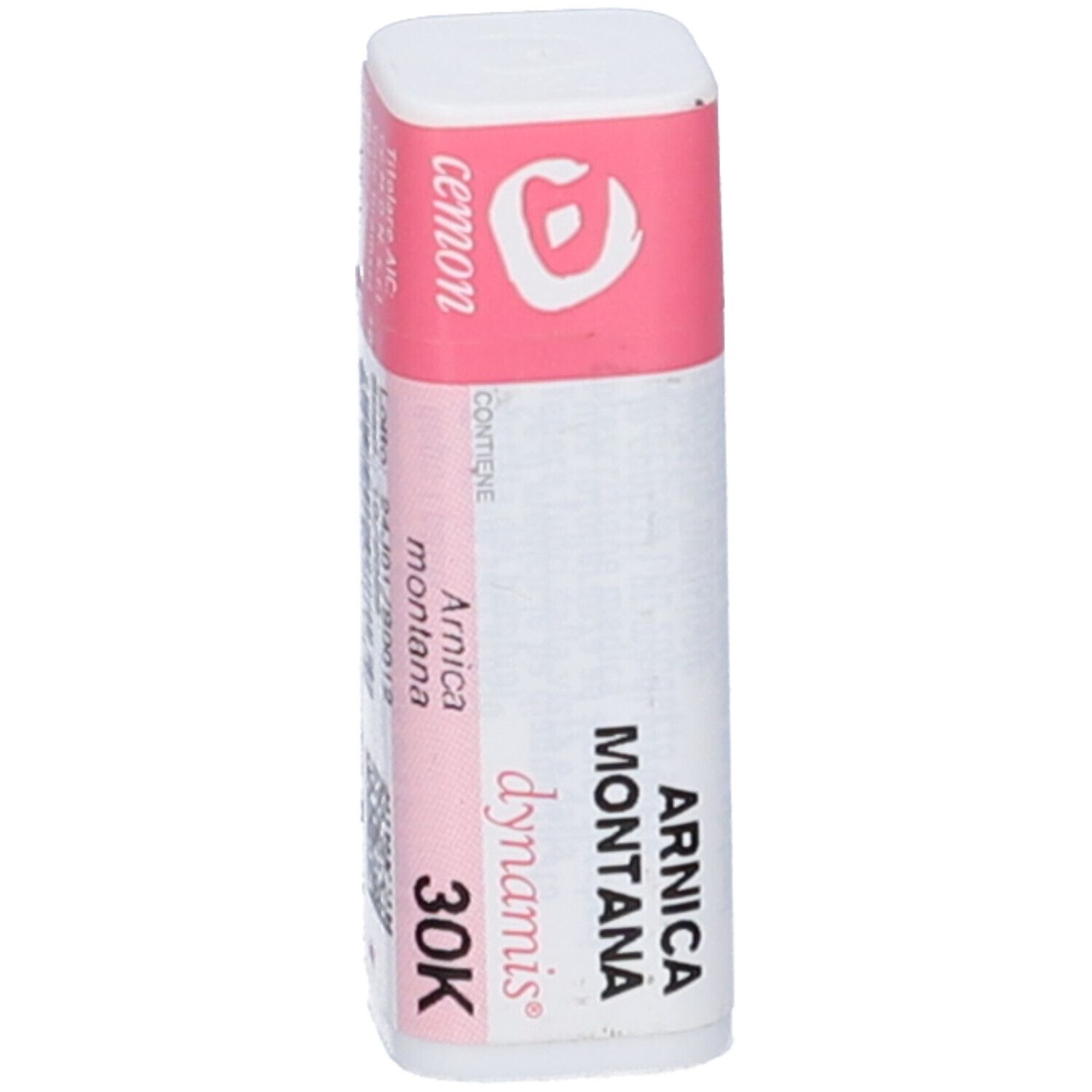 Confezione cilindrica bianca e rosa. Scritte: Cemon, Arnica montana 30K. Fascia rosa con logo.