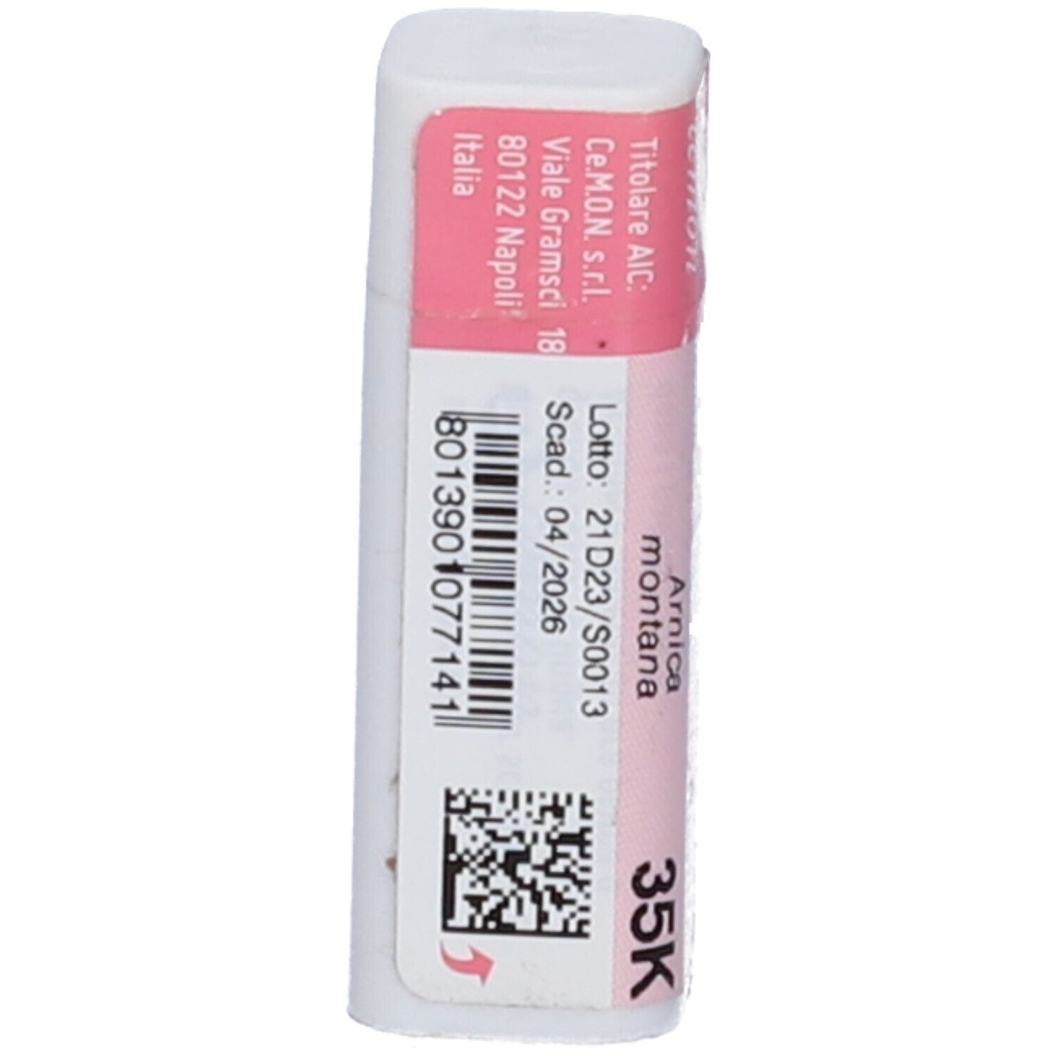 Confezione cilindrica con etichetta rosa e bianca. Scritta: Arnica Montana 35K. Codice a barre e data di scadenza.