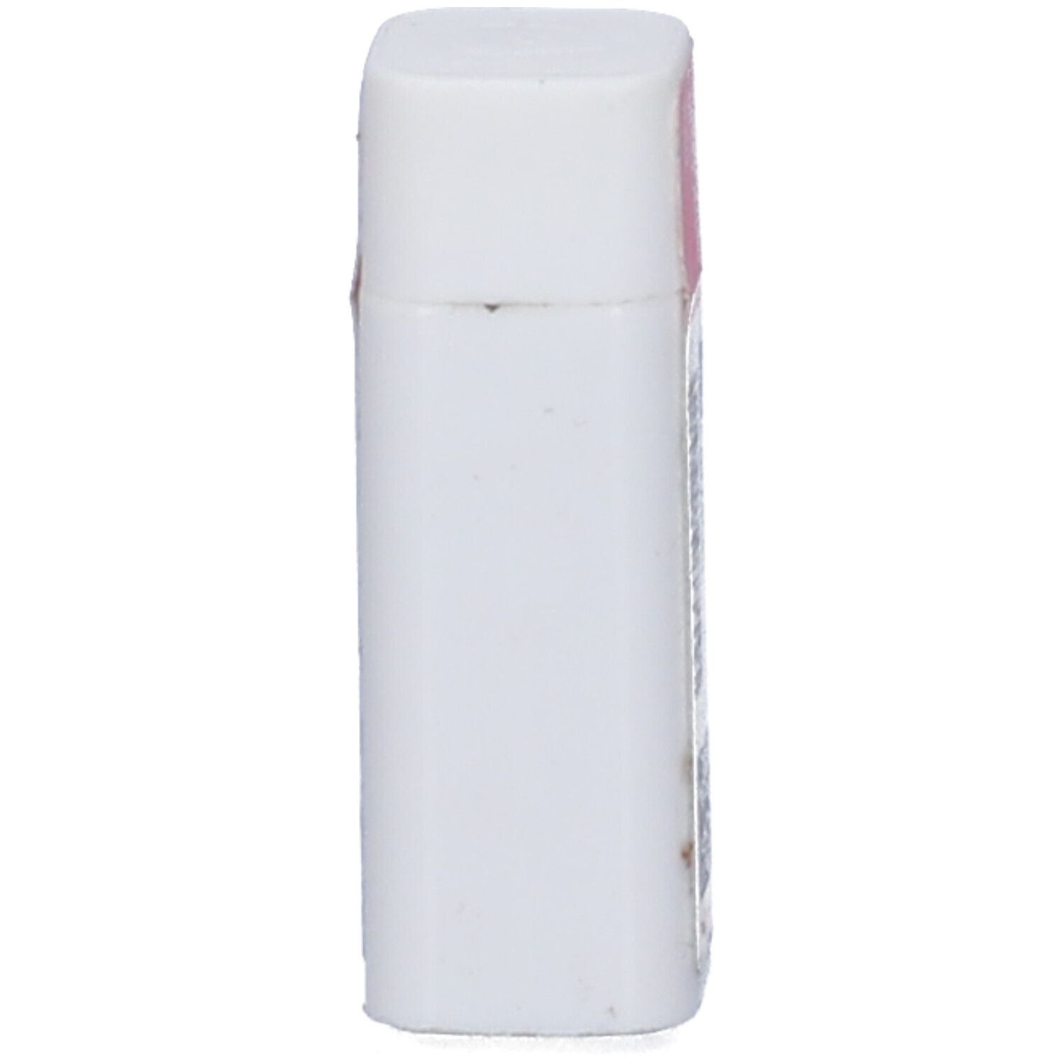 Confezione cilindrica bianca con coperchio quadrato. Etichetta minima visibile.