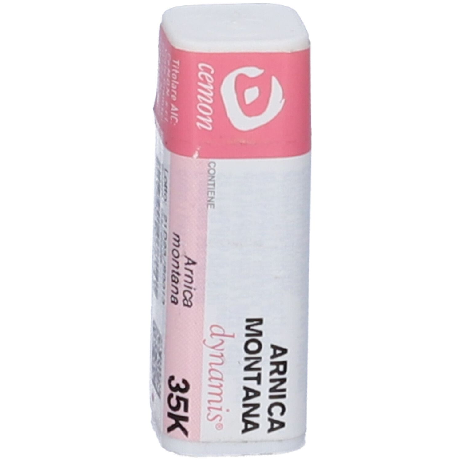 Confezione cilindrica con etichetta rosa e bianca. Scritta: Arnica Montana dynamis 35K. Marchio: Cemon.