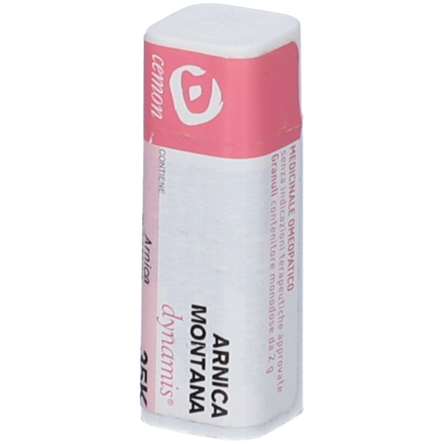 Confezione cilindrica con etichetta rosa e bianca. Scritta: Arnica Montana dynamis 35K. Marchio: Cemon.