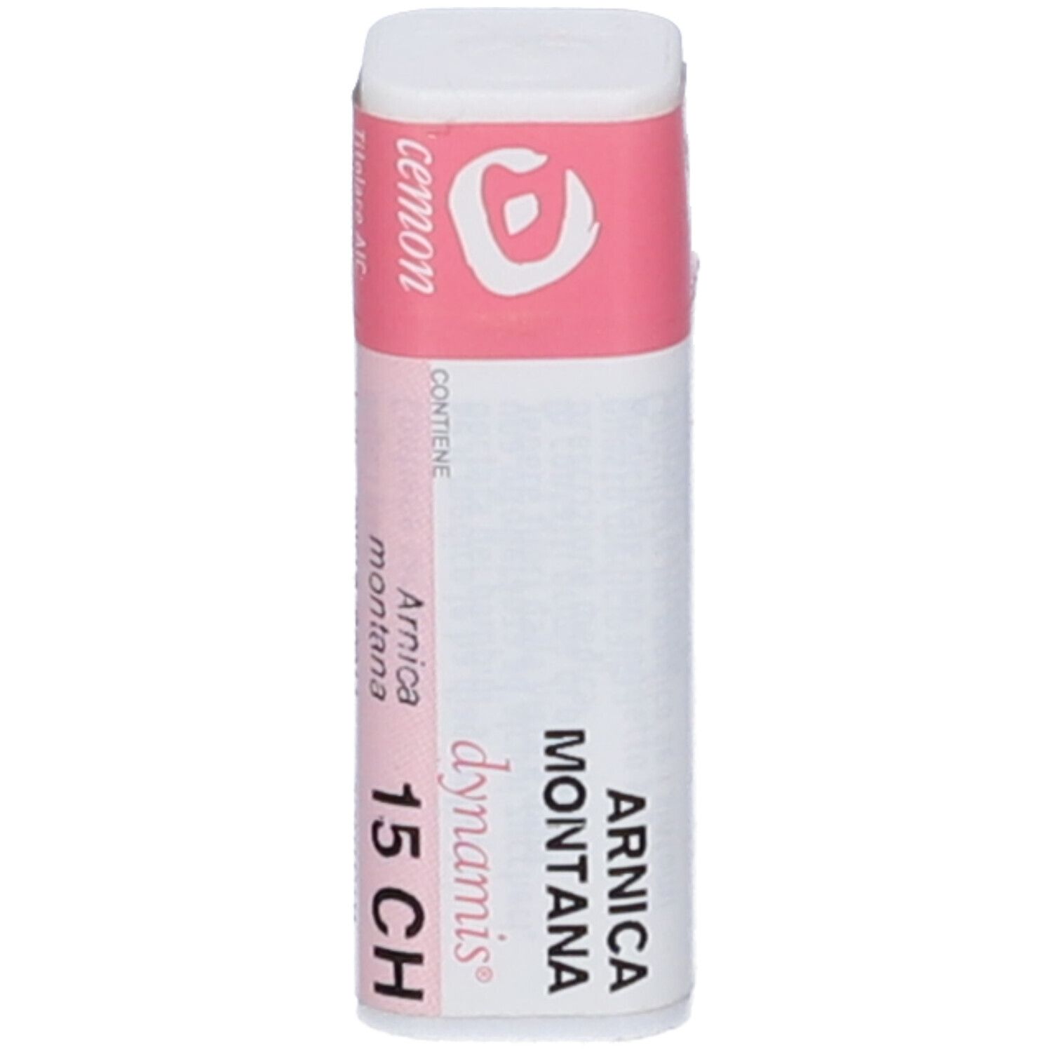 Confezione cilindrica bianca con etichetta rosa. Scritta: Arnica montana 15 CH.