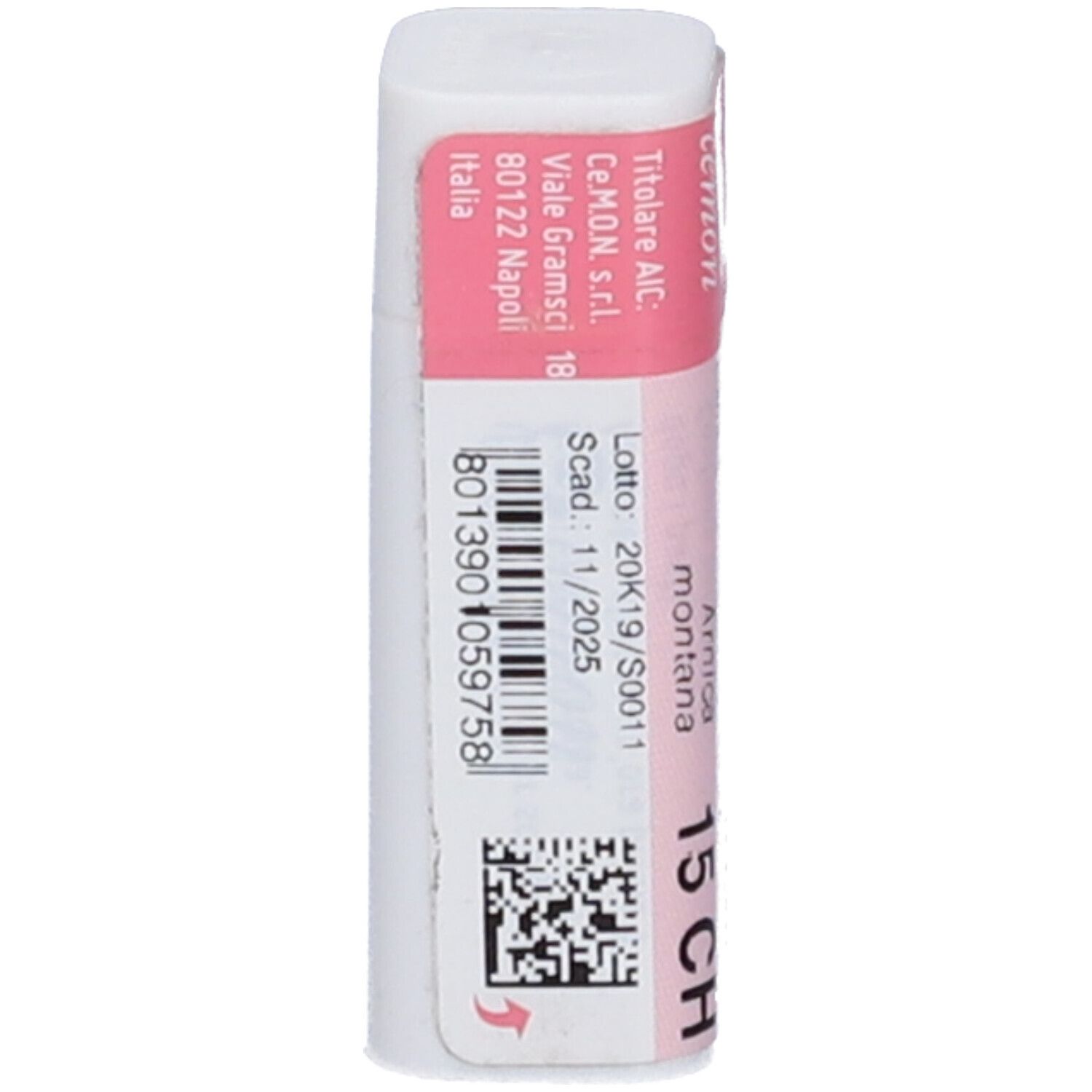 Confezione cilindrica bianca con etichetta rosa. Scritta: Arnica montana 15 CH, codice a barre.