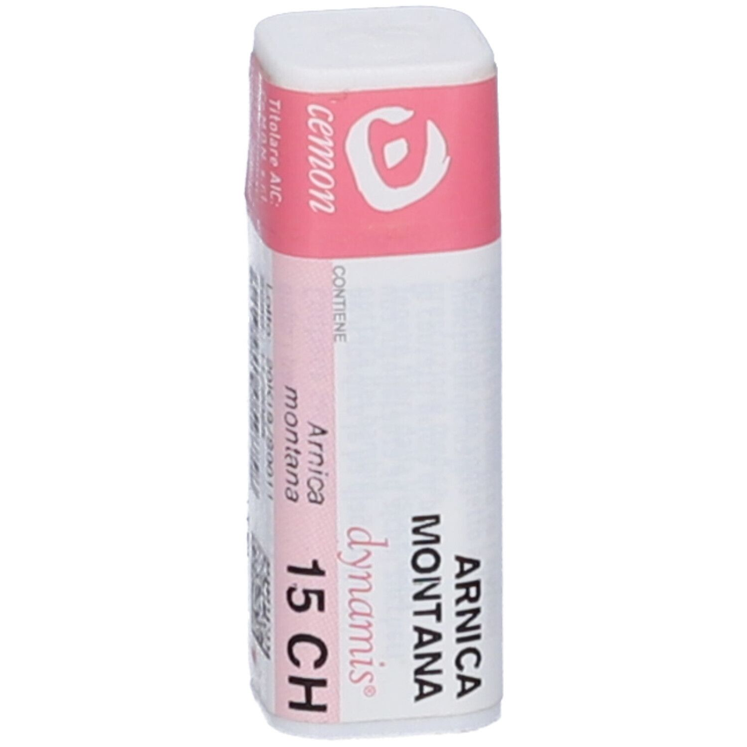 Confezione cilindrica bianca con etichetta rosa. Scritta: Arnica montana 15 CH.