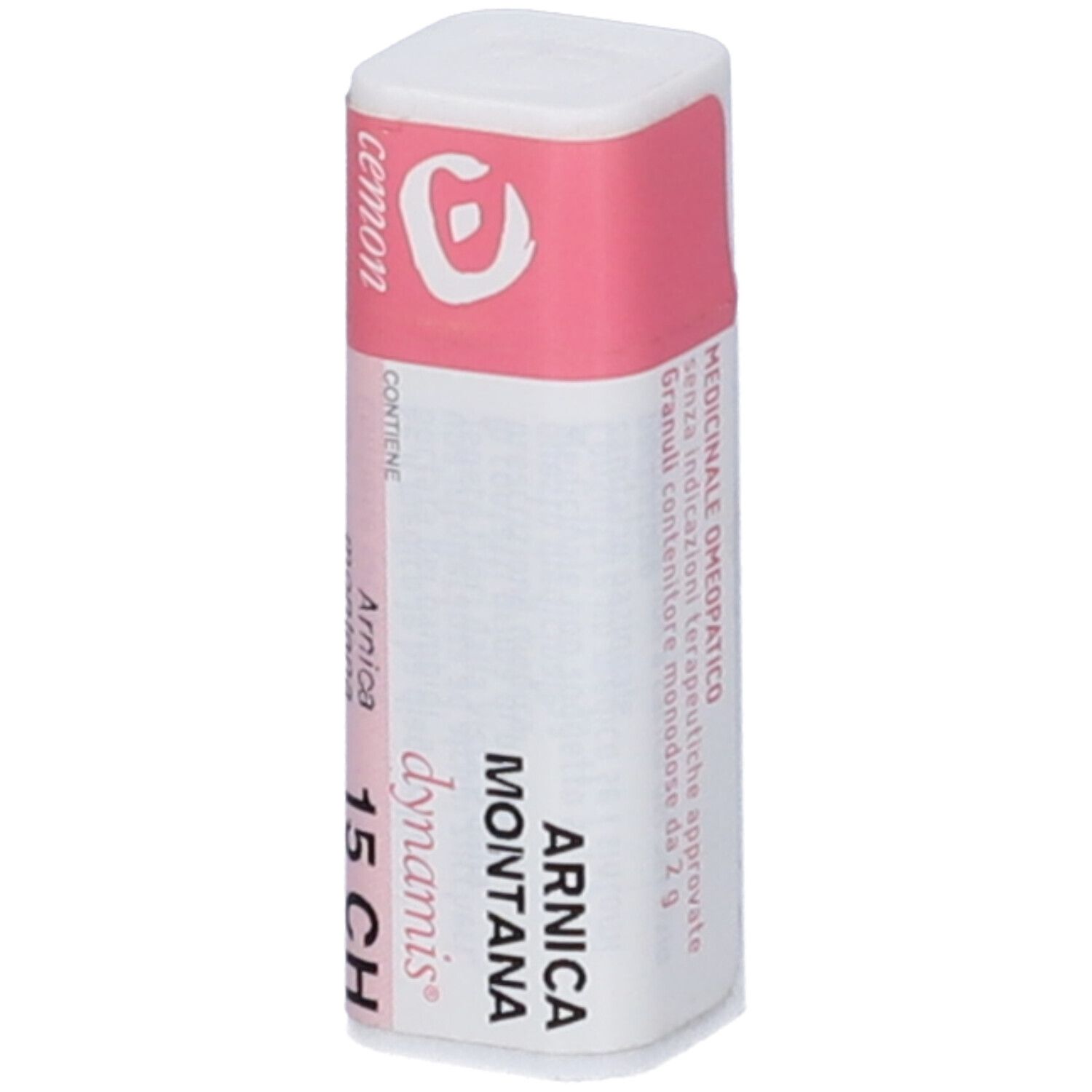 Confezione cilindrica bianca con etichetta rosa. Scritta: Arnica montana 15 CH.