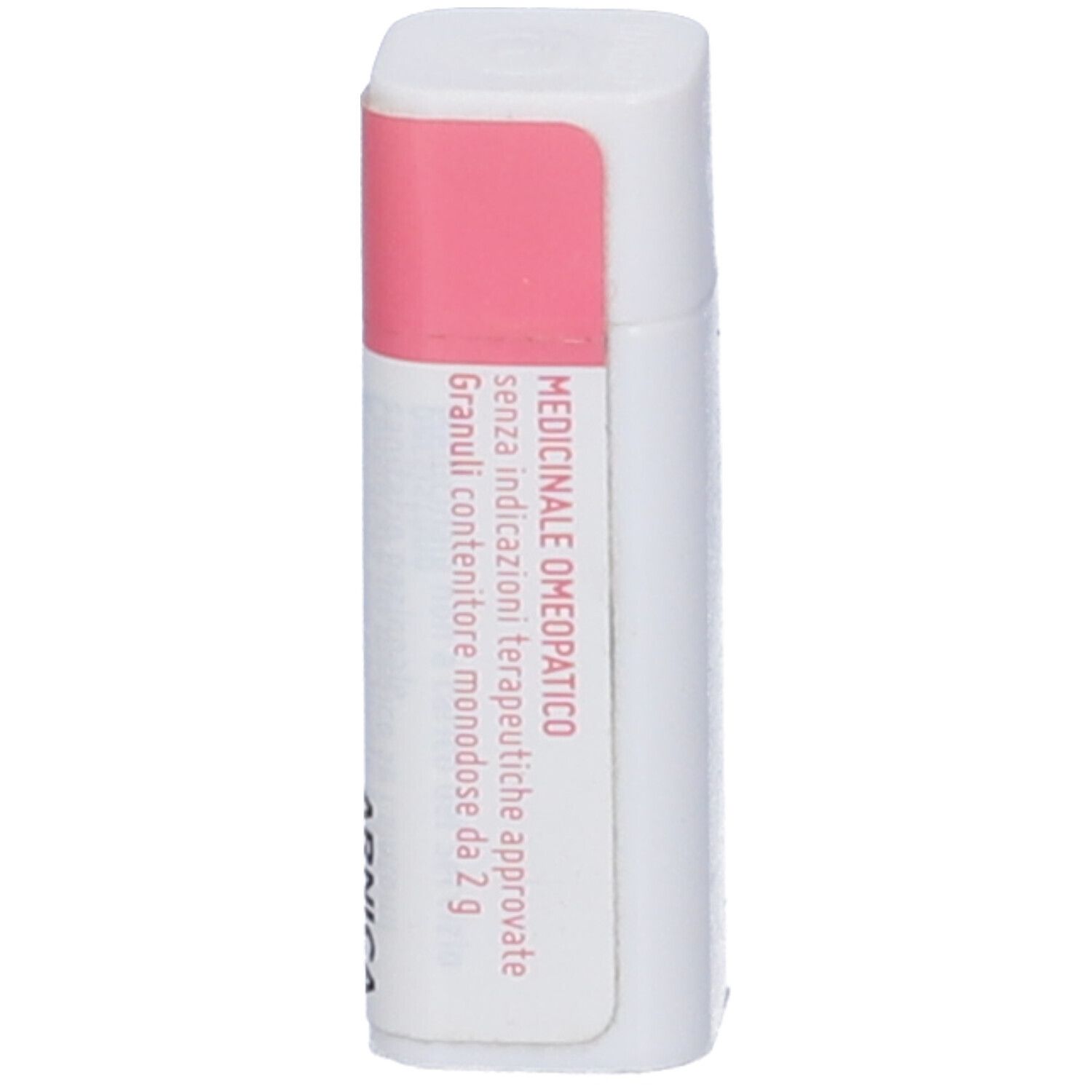 Confezione rettangolare bianca con etichetta rosa. Scritta: Medicinale omeopatico.