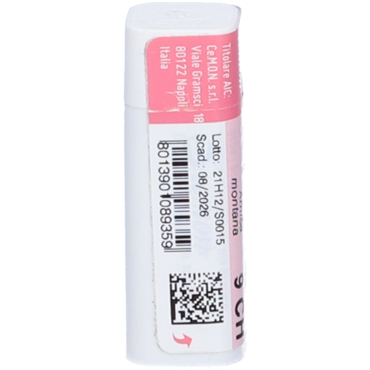 Confezione cilindrica bianca con coperchio e fascia rosa. Scritta: Arnica montana 9 CH, dettagli.