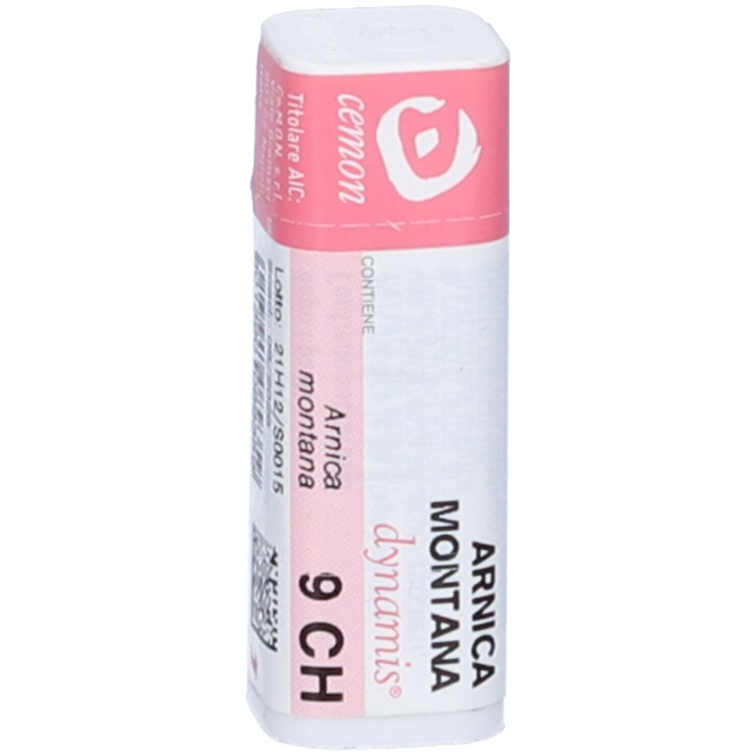 Confezione cilindrica bianca con coperchio e fascia rosa. Scritta: Arnica montana 9 CH, cemon.