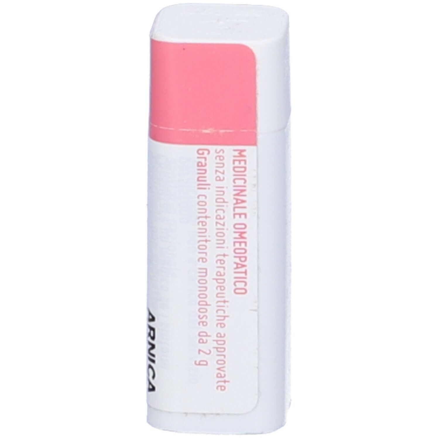 Confezione cilindrica bianca con coperchio e fascia rosa. Scritta: Arnica, dettagli.