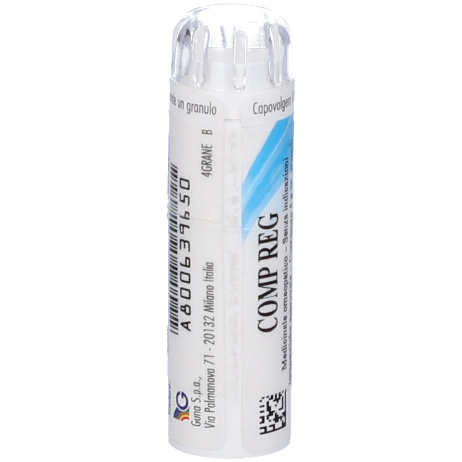 Flacone cilindrico bianco con etichetta blu. Scritta: COMP REG. Contiene globuli. Tappo trasparente. Codice a barre e altri testi.