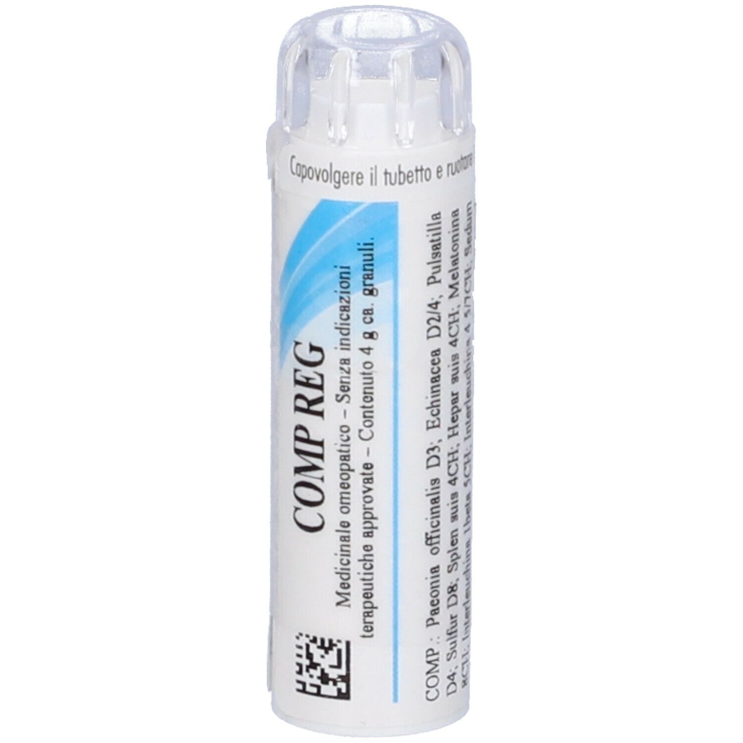 Flacone cilindrico bianco con etichetta blu. Scritta: COMP REG. Contiene globuli. Tappo trasparente. Testo in italiano.