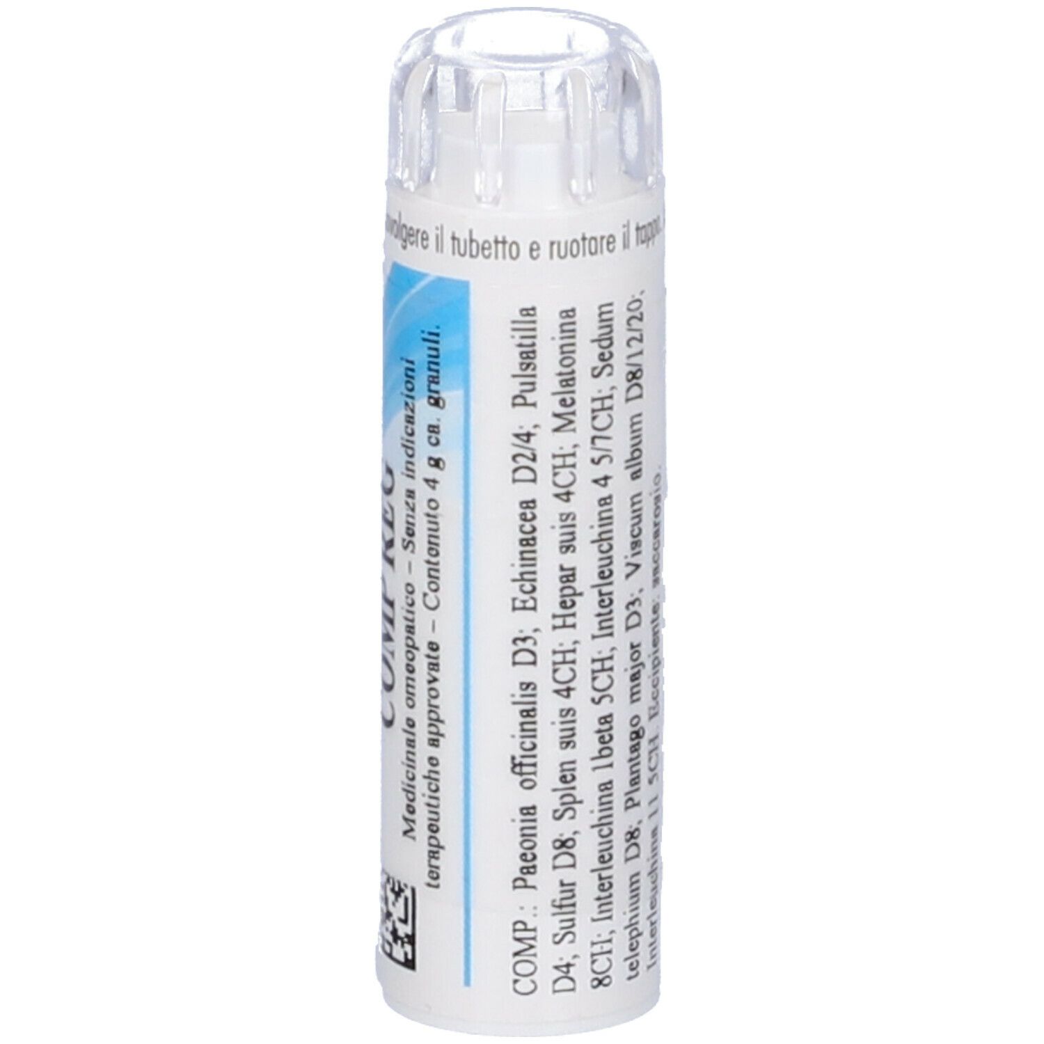 Flacone cilindrico bianco con etichetta blu. Scritta: COMP REG. Contiene globuli. Tappo trasparente. Elenco degli ingredienti.
