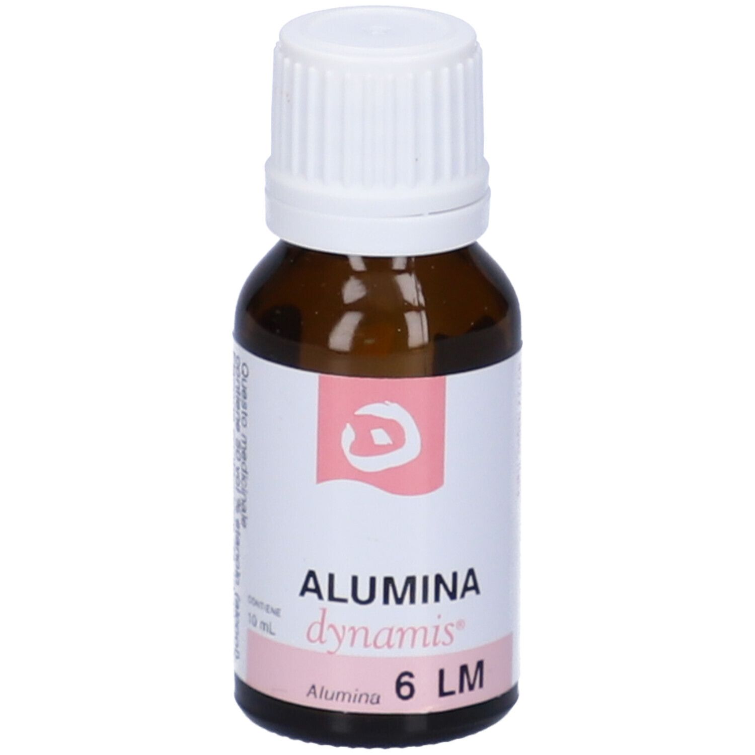 Flacone in vetro marrone con tappo a vite bianco. Etichetta: Alumina dynamis 6 LM.