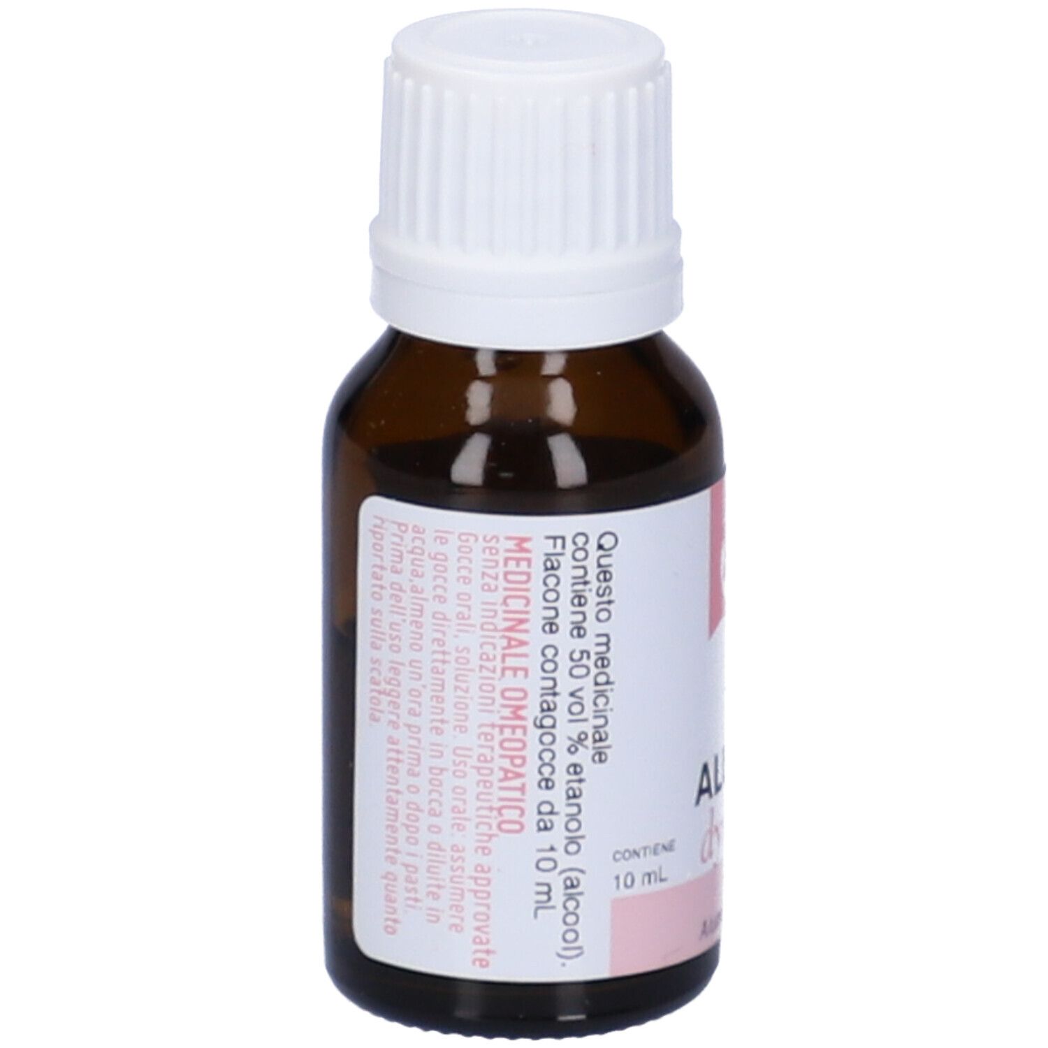 Flacone vetro marrone con tappo bianco. Etichetta con testo e scritta: Alumina dynamis 6 LM.