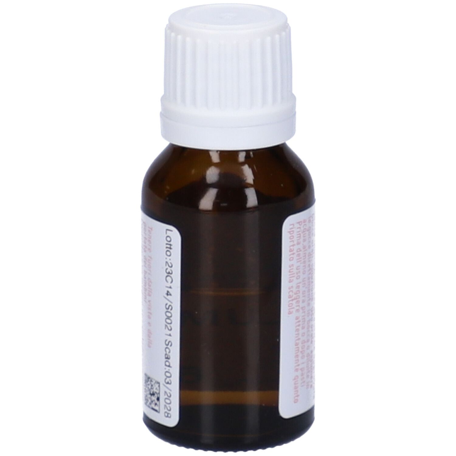 Flacone vetro marrone con tappo bianco. Etichetta con testo e scritta: Alumina dynamis 6 LM.