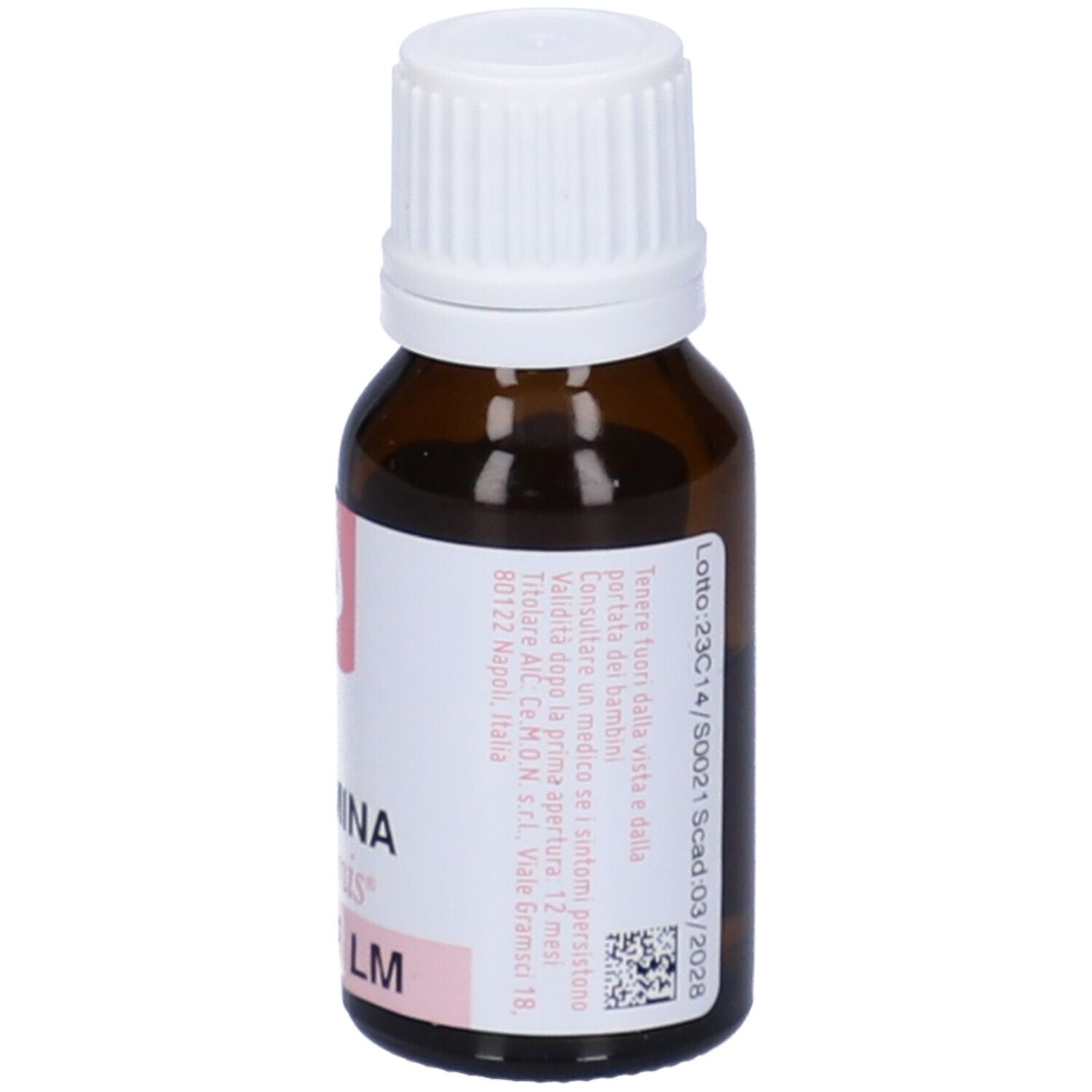 Flacone vetro marrone con tappo bianco. Etichetta con testo e scritta: Alumina dynamis 6 LM.