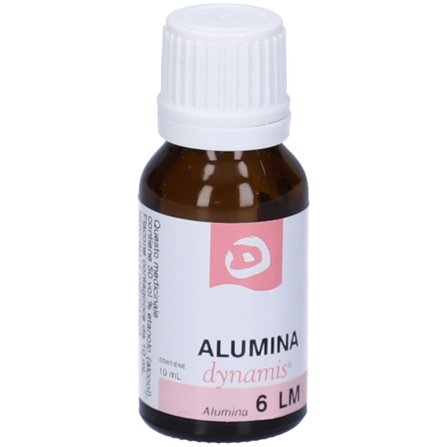 Flacone vetro marrone con tappo bianco. Etichetta con testo e scritta: Alumina dynamis 6 LM.