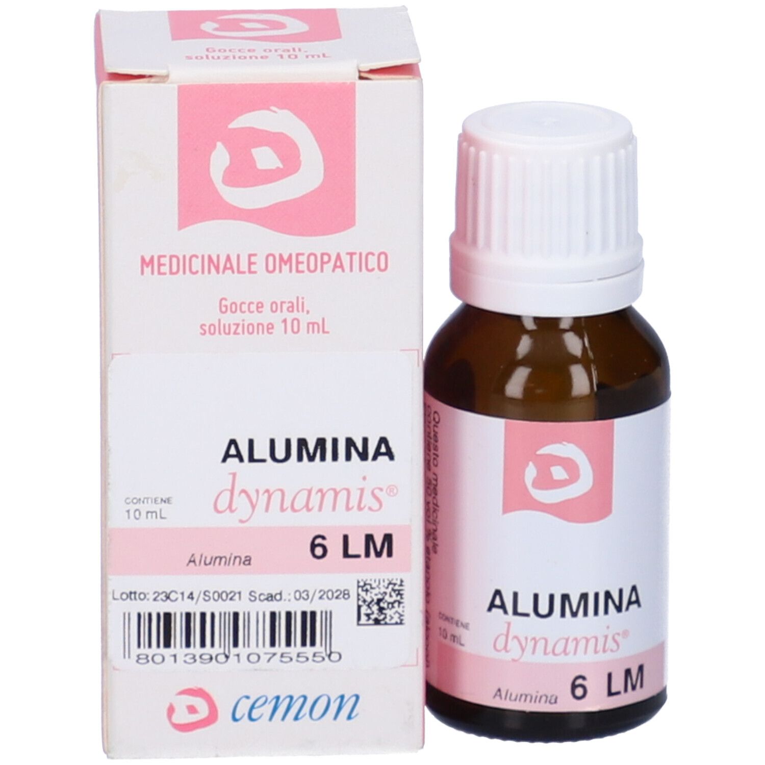 Flacone vetro marrone e scatola. Scritta: Alumina dynamis 6 LM. Entrambi con etichetta.