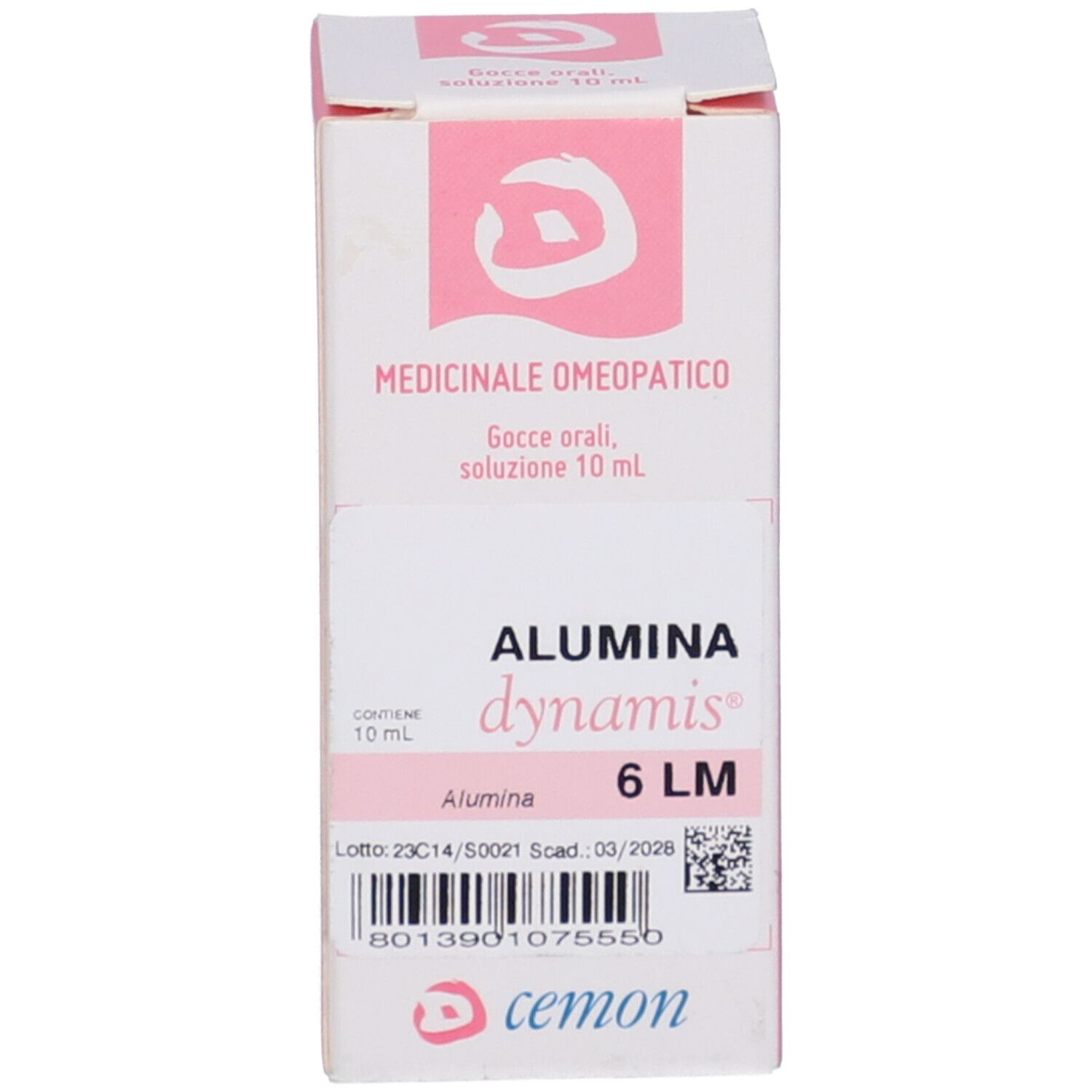 Scatola con flacone in vetro marrone. Scritta: Alumina dynamis 6 LM. Entrambi con etichetta.