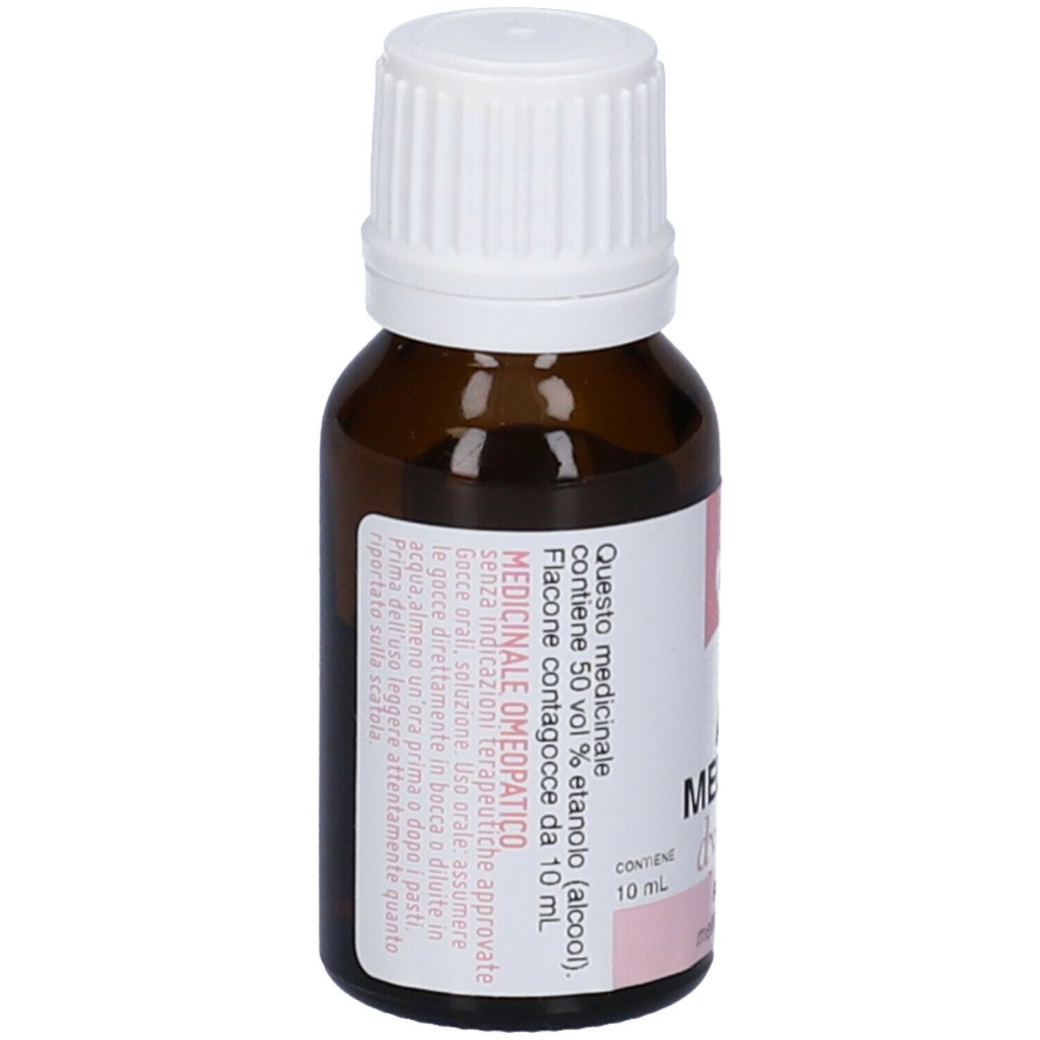 Flacone in vetro marrone con tappo bianco. Etichetta rosa con testo. Contiene 10 ml.