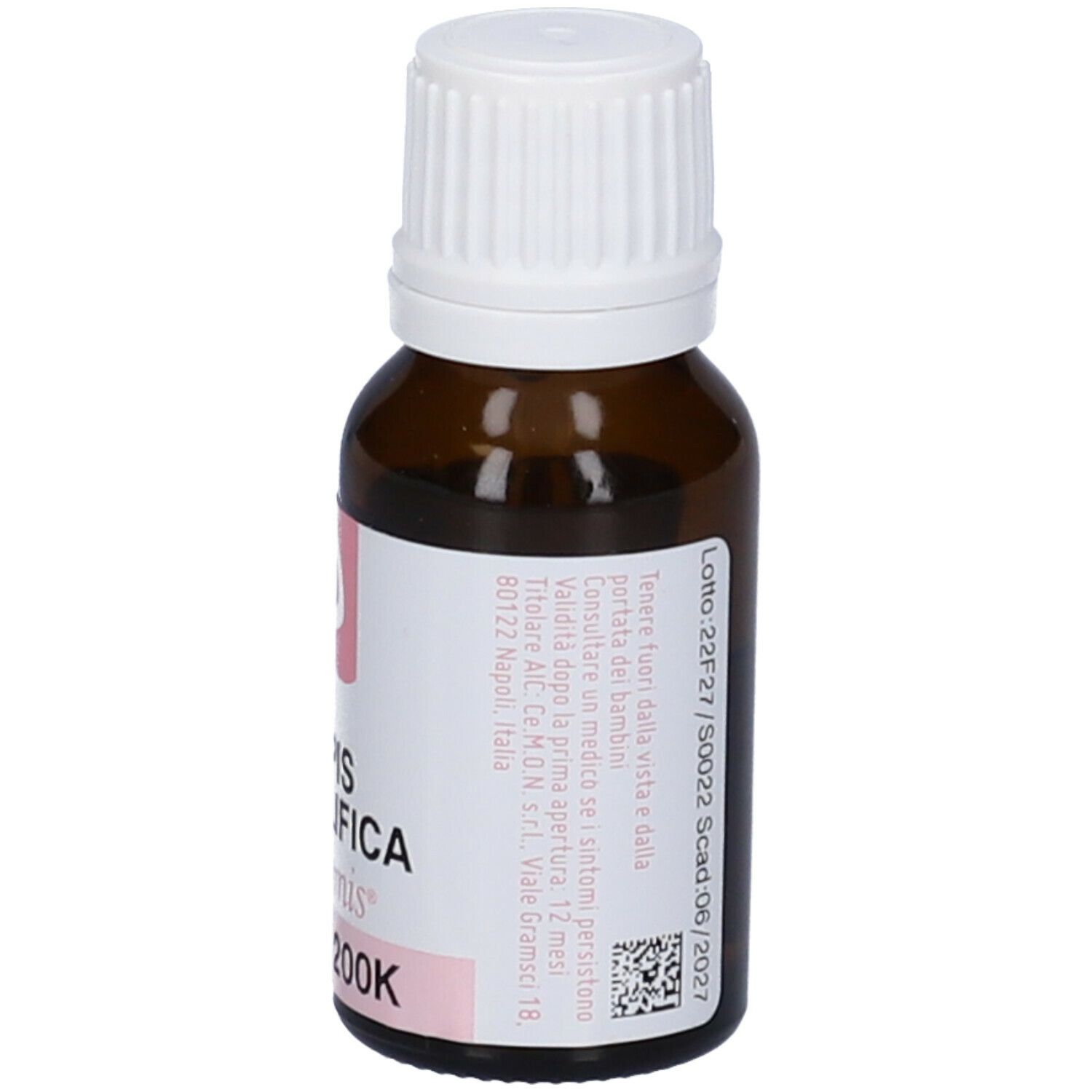 Flacone in vetro marrone con tappo bianco. Etichetta rosa con testo. Contiene 10 ml.