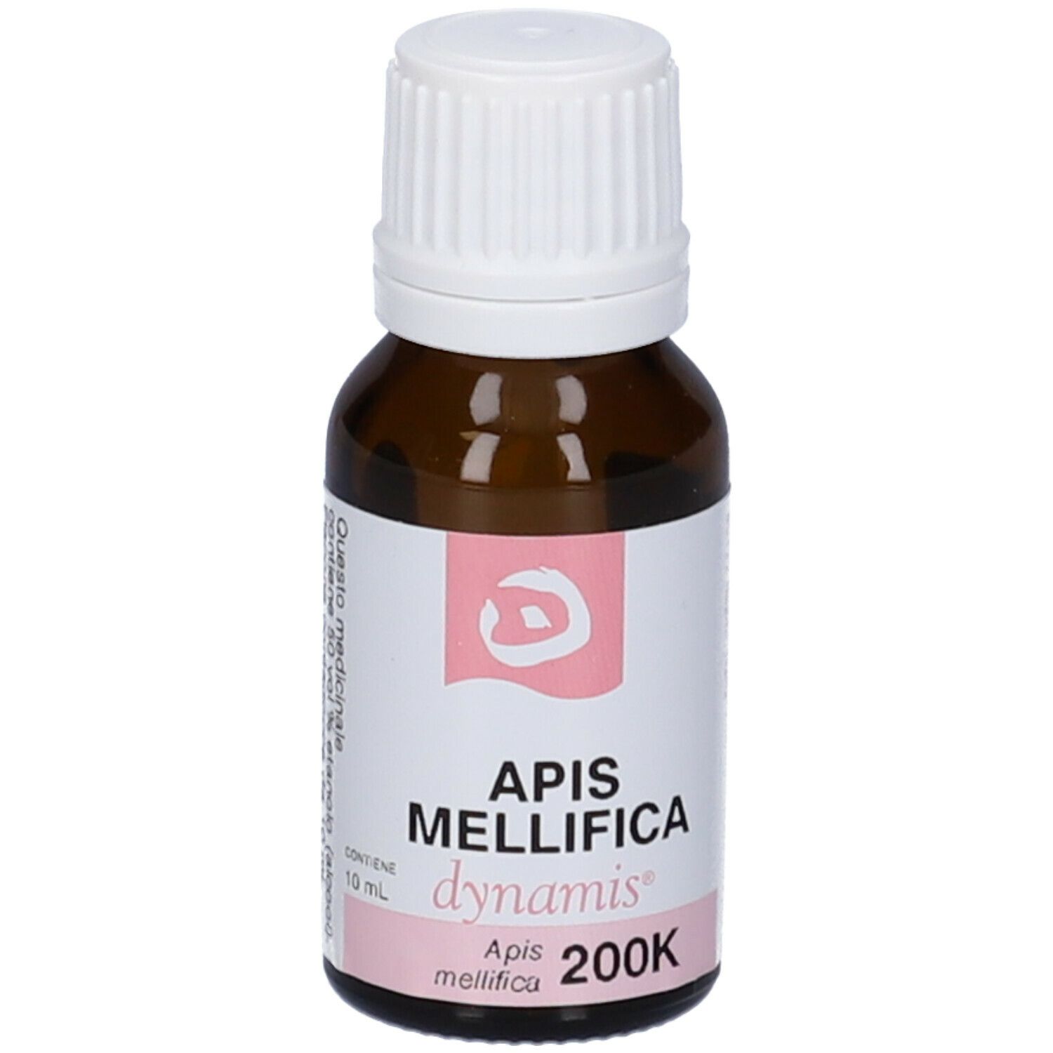 Flacone in vetro marrone con tappo bianco. Etichetta rosa con nome prodotto e 200K.