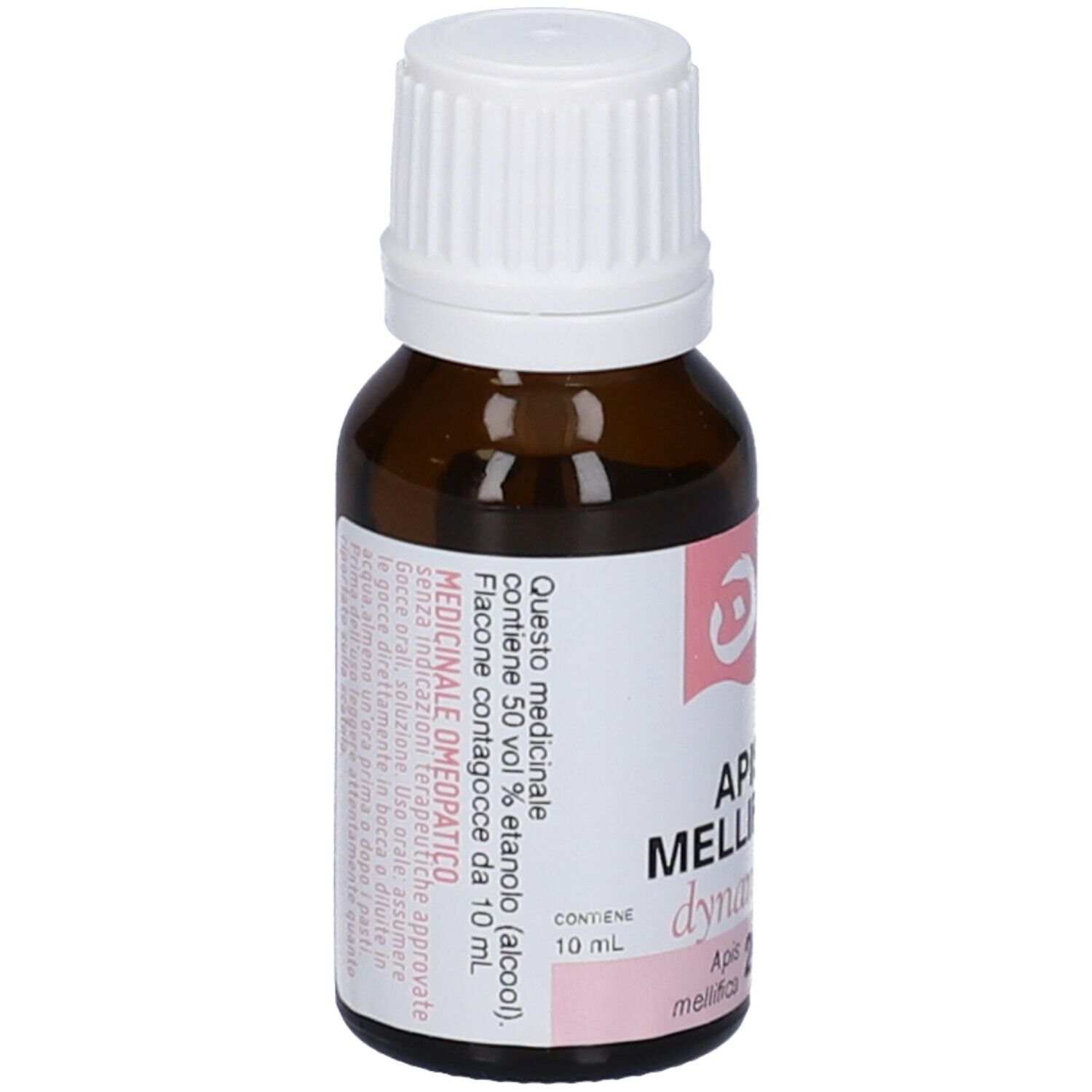Flacone in vetro marrone con tappo bianco. Etichetta rosa con testo. Contiene 10 ml.