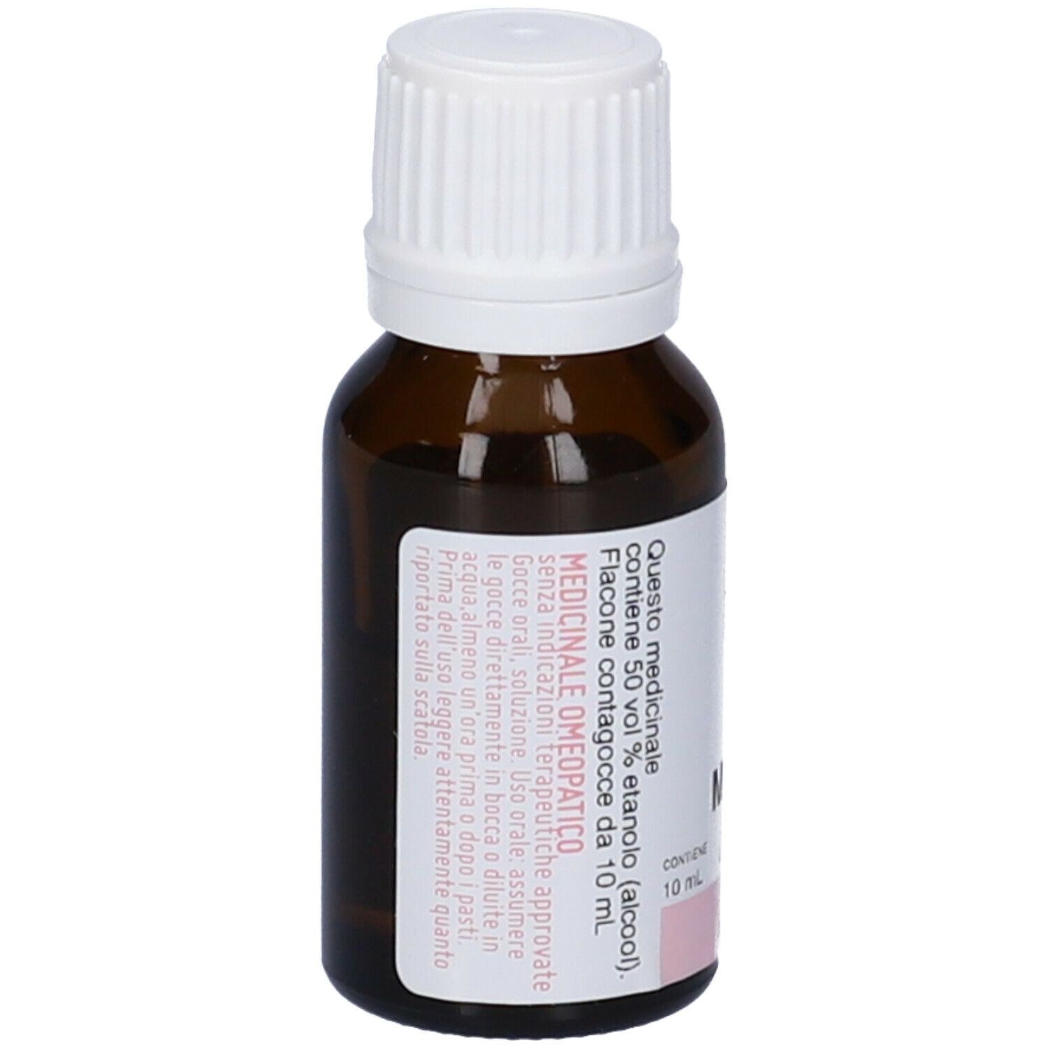 Flacone in vetro marrone con tappo bianco. Etichetta rosa con testo. Contiene 10 ml.