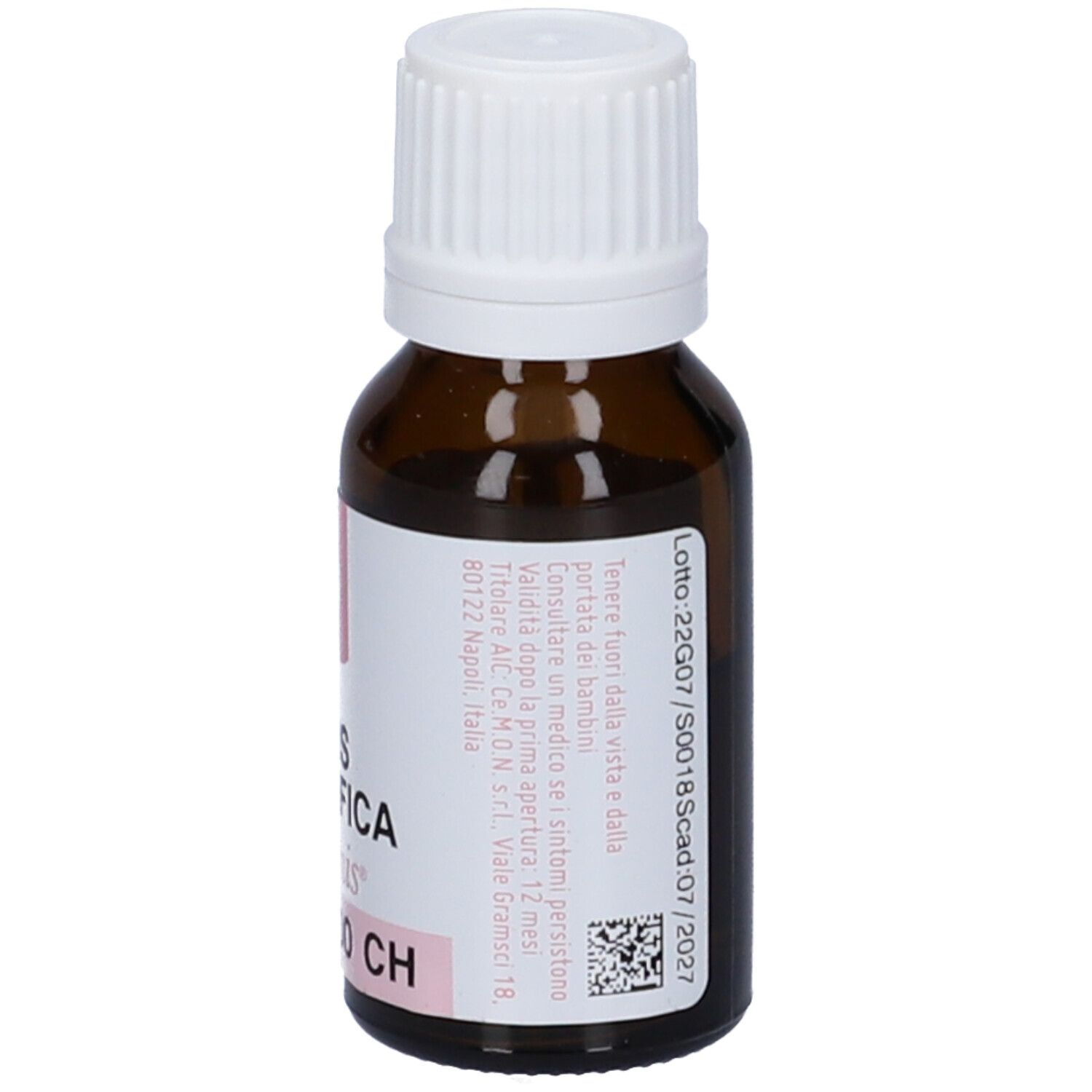 Flacone di vetro marrone con tappo bianco. Etichetta con testo, numero di lotto e scadenza.