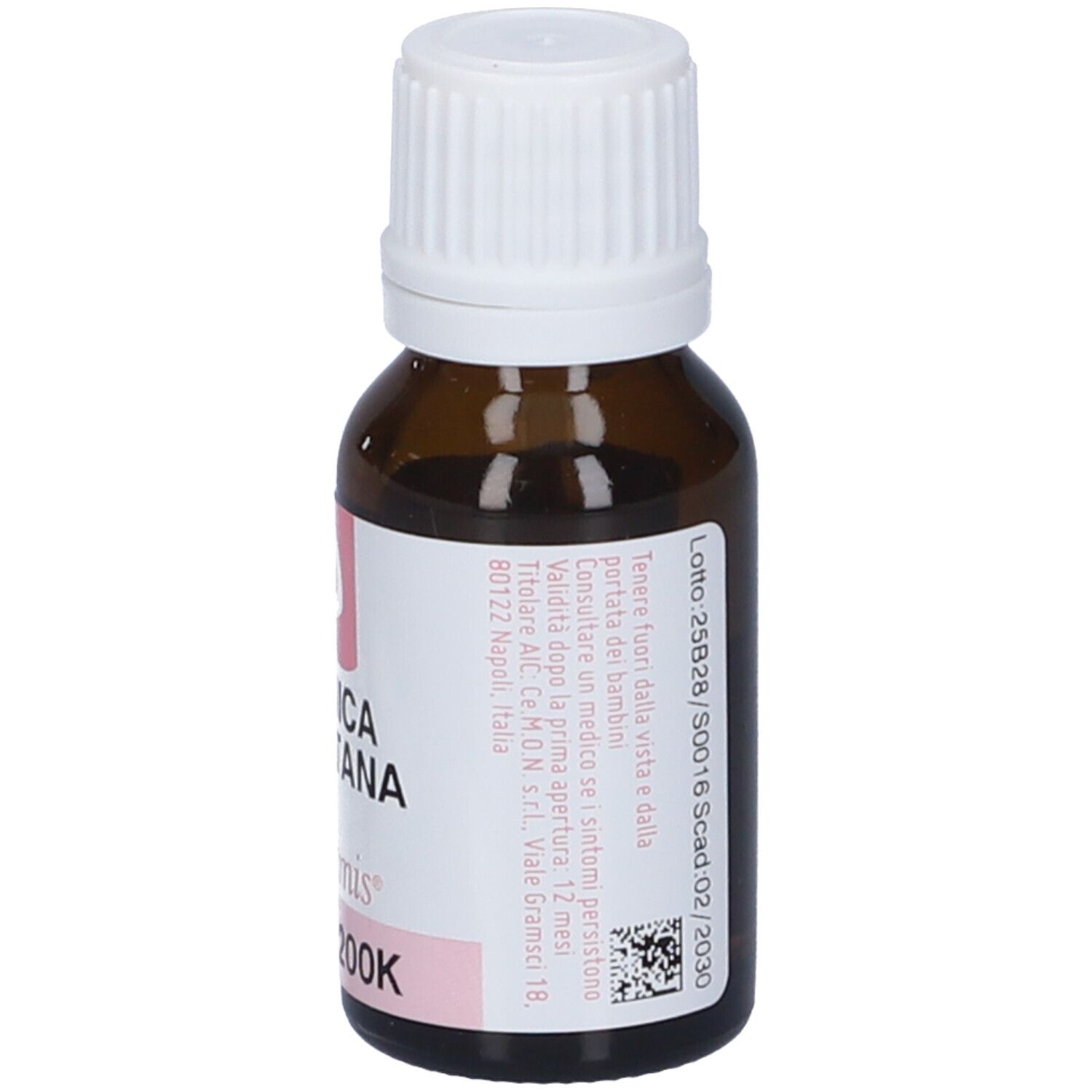 Flacone in vetro marrone con tappo bianco. Etichetta rosa con testo e scritte: Arnica Montana, dynamis, 200K.