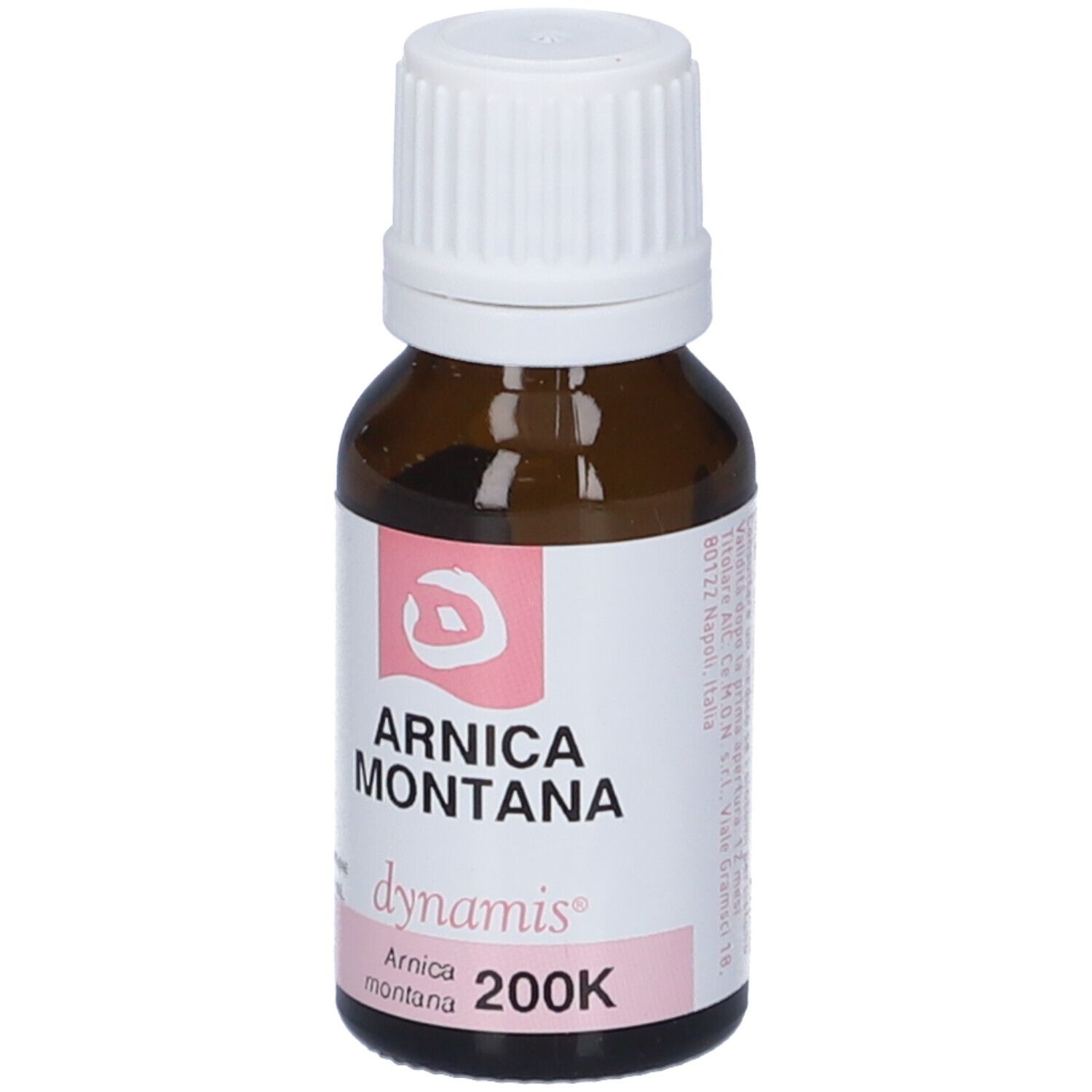 Flacone in vetro marrone con tappo bianco. Etichetta rosa con testo e scritte: Arnica Montana, dynamis, 200K.