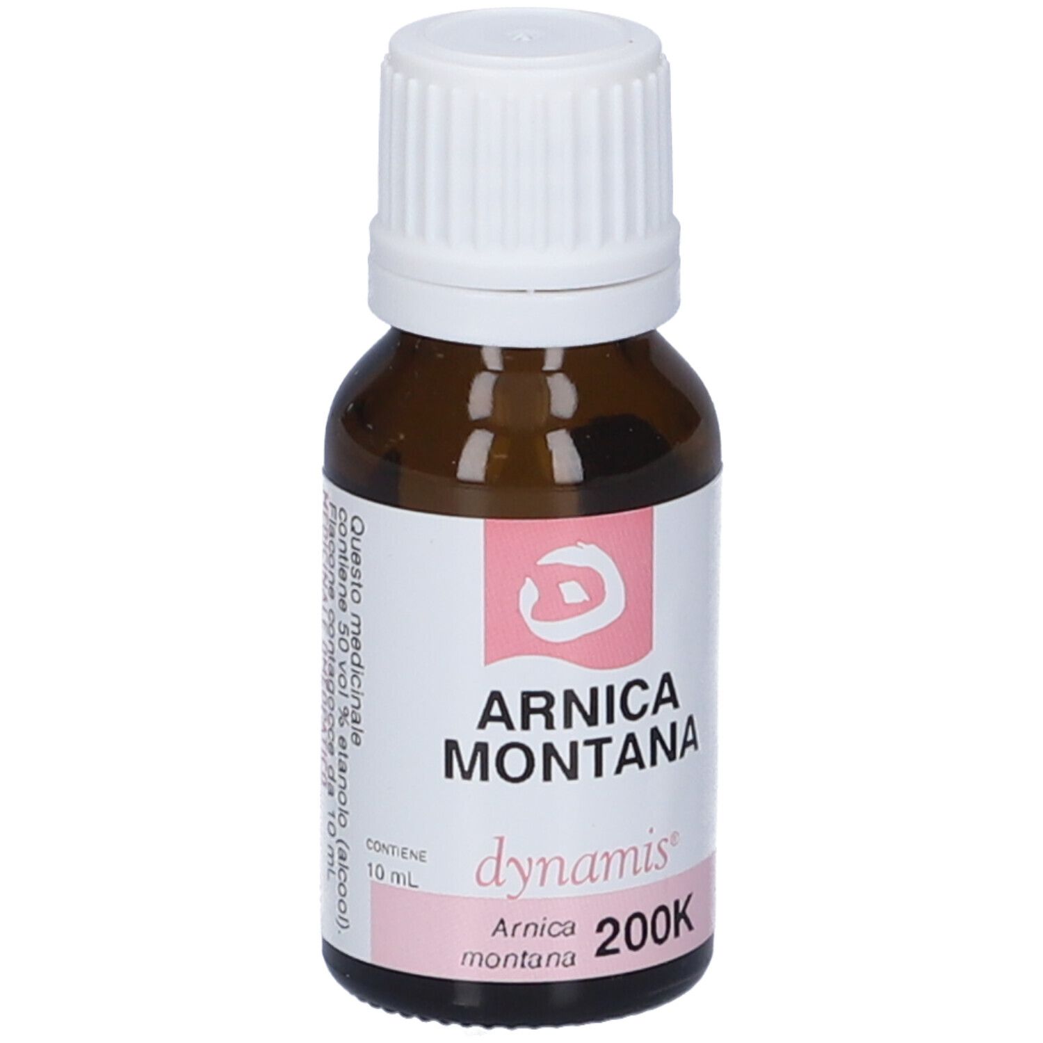 Flacone in vetro marrone con tappo bianco. Etichetta rosa con testo e scritte: Arnica Montana, dynamis, 200K.