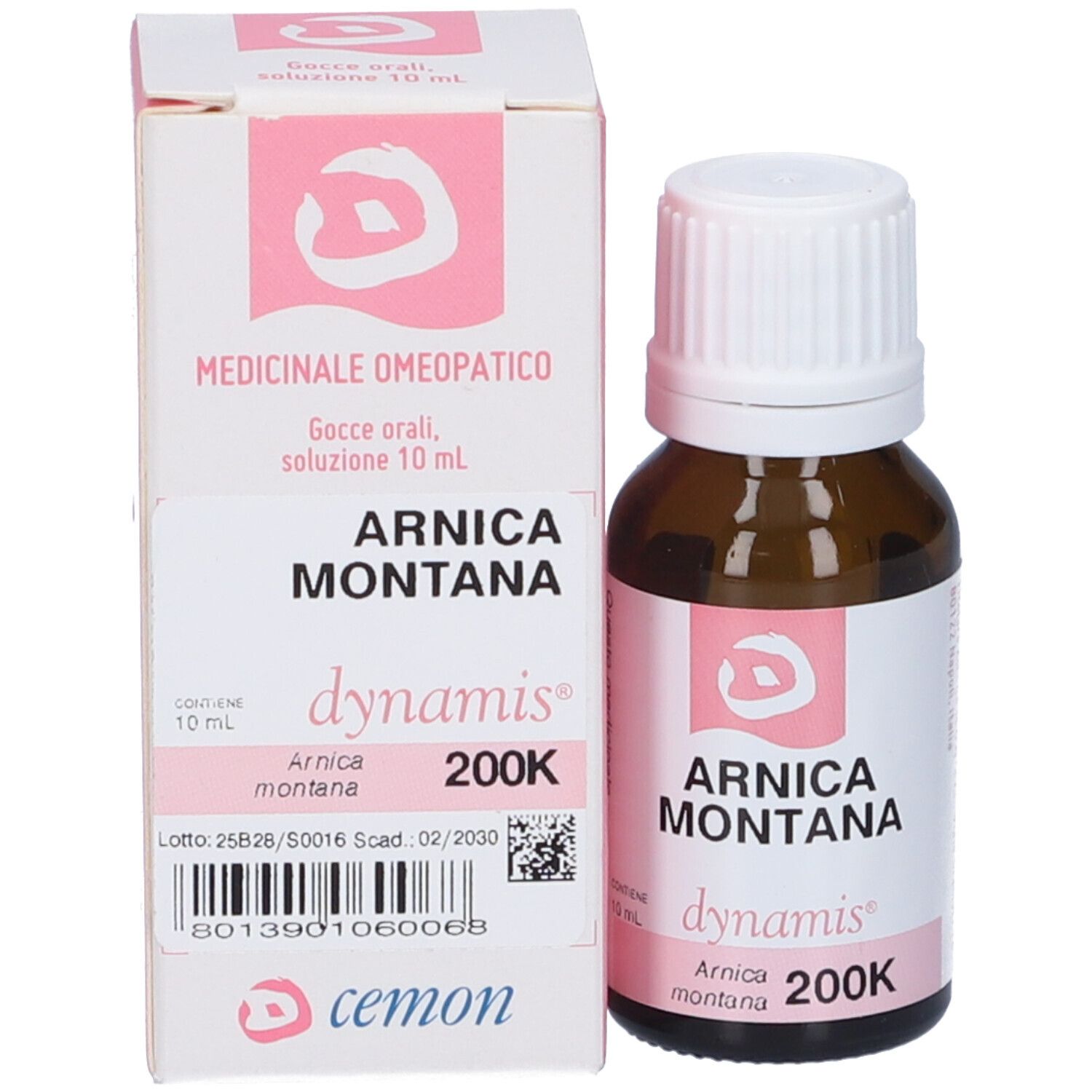 Flacone in vetro marrone e scatola. Scritte: Arnica Montana, dynamis, 200K. Etichette rosa.