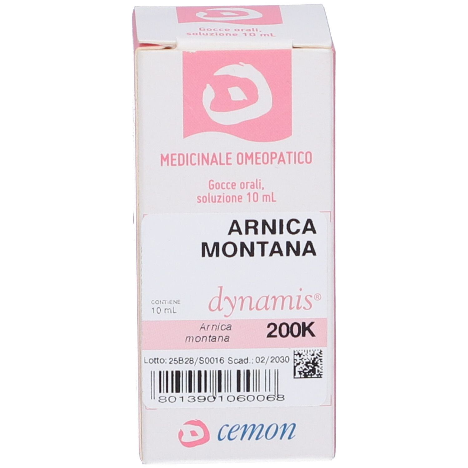 Scatola con scritte: Arnica Montana, dynamis, 200K. Etichetta rosa.