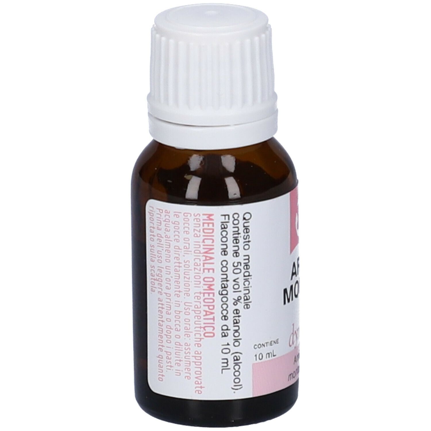 Flacone in vetro marrone con tappo bianco. Etichetta rosa con testo. Contiene 10 ml.