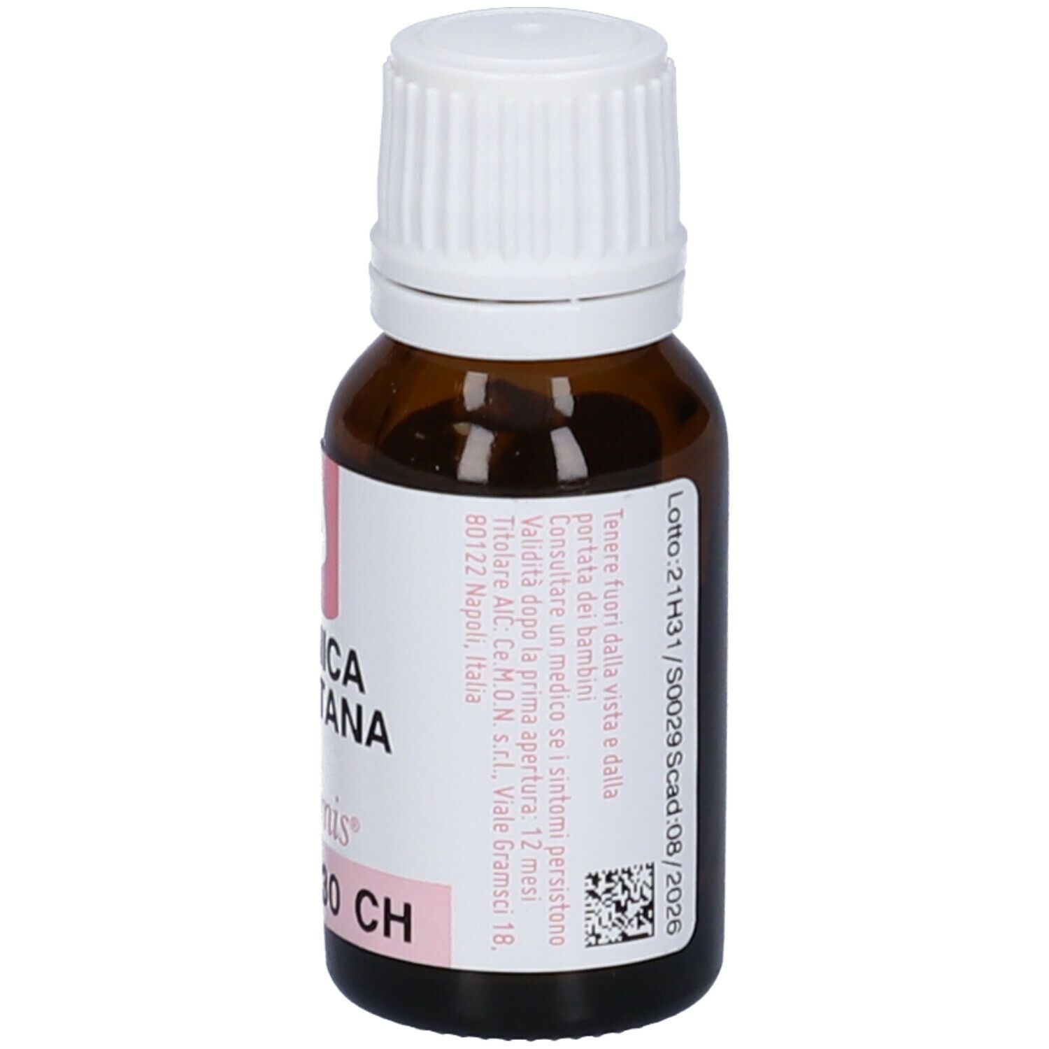 Flacone in vetro marrone con tappo bianco. Etichetta rosa con testo. Scritta: Arnica Montana 30 CH.