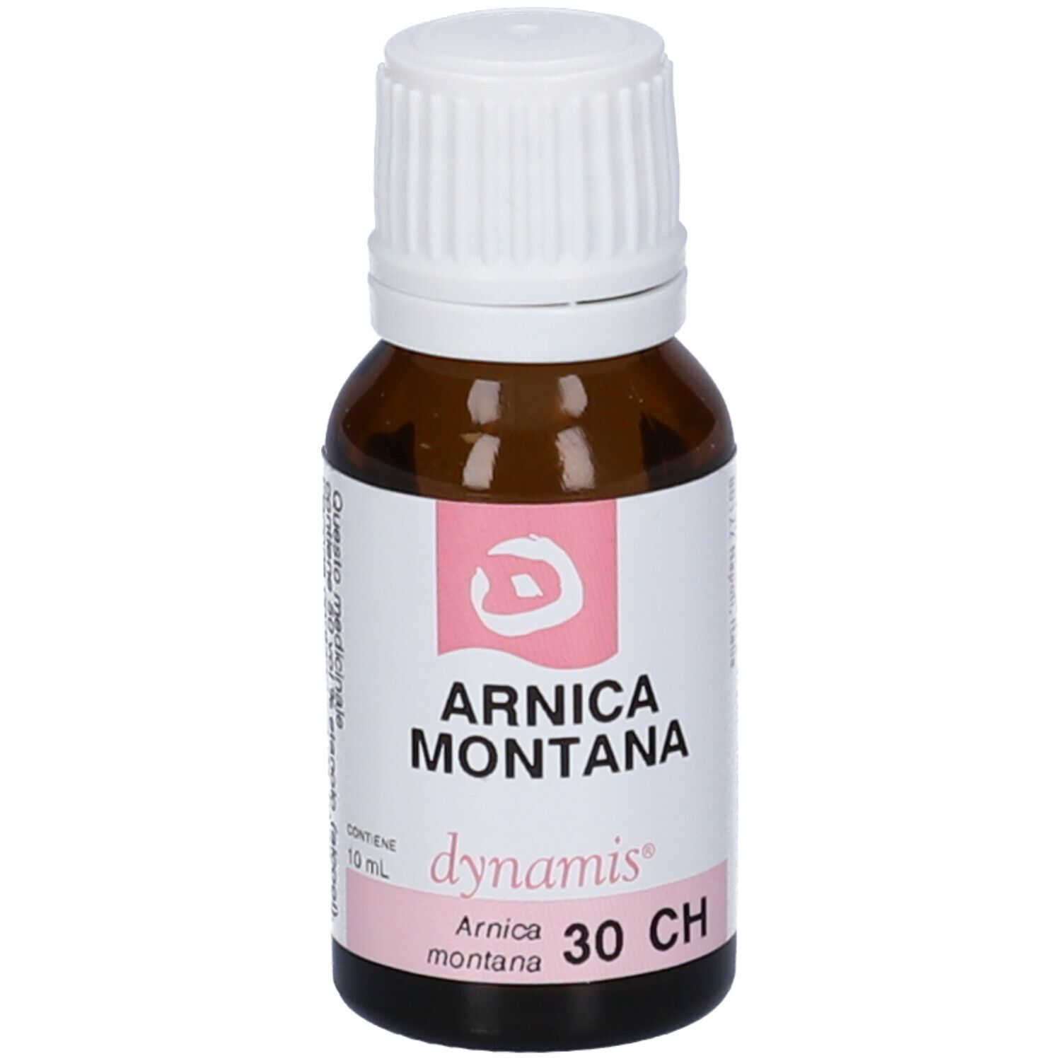 Flacone in vetro marrone con tappo bianco. Etichetta rosa con testo. Scritta: Arnica Montana 30 CH.